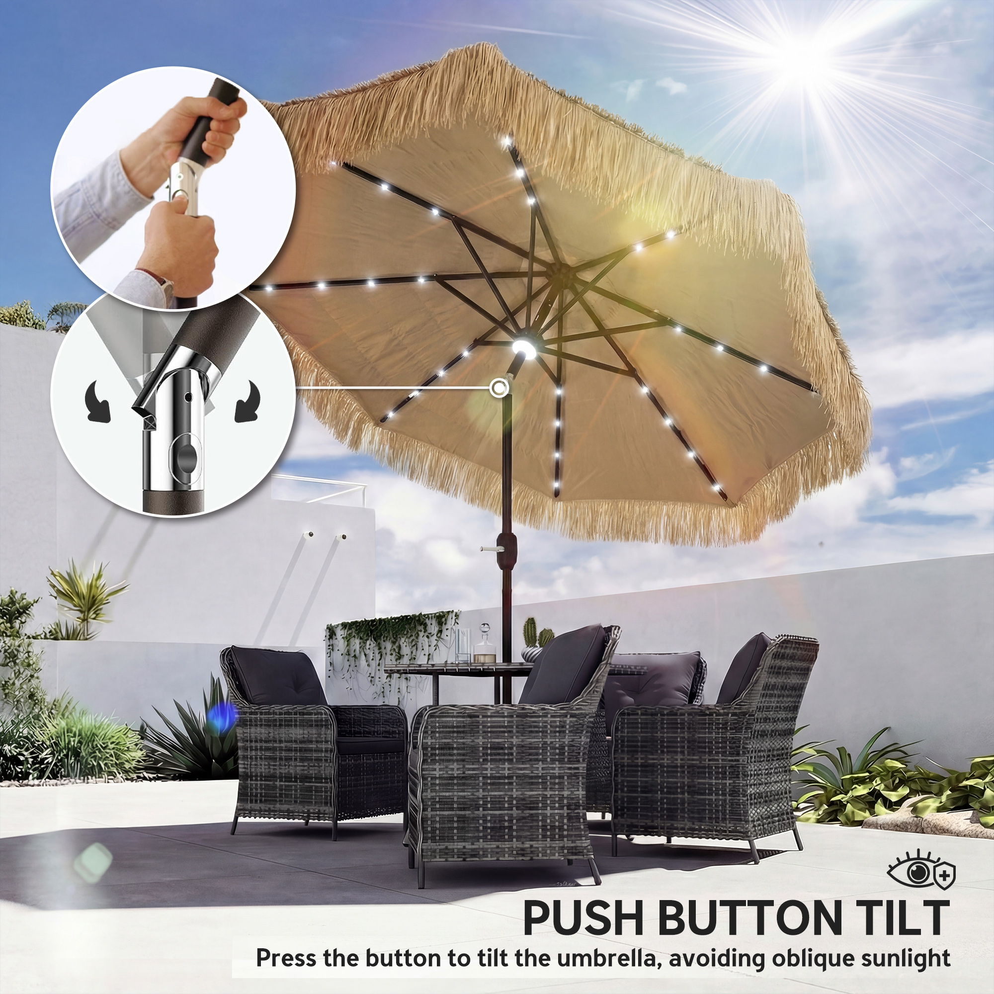  9 ft Hula Thatched Tiki Patio Umbrella with LED Solar Light, Outdoor Umbrella with Crank, Tilt, UPF30+, Khaki