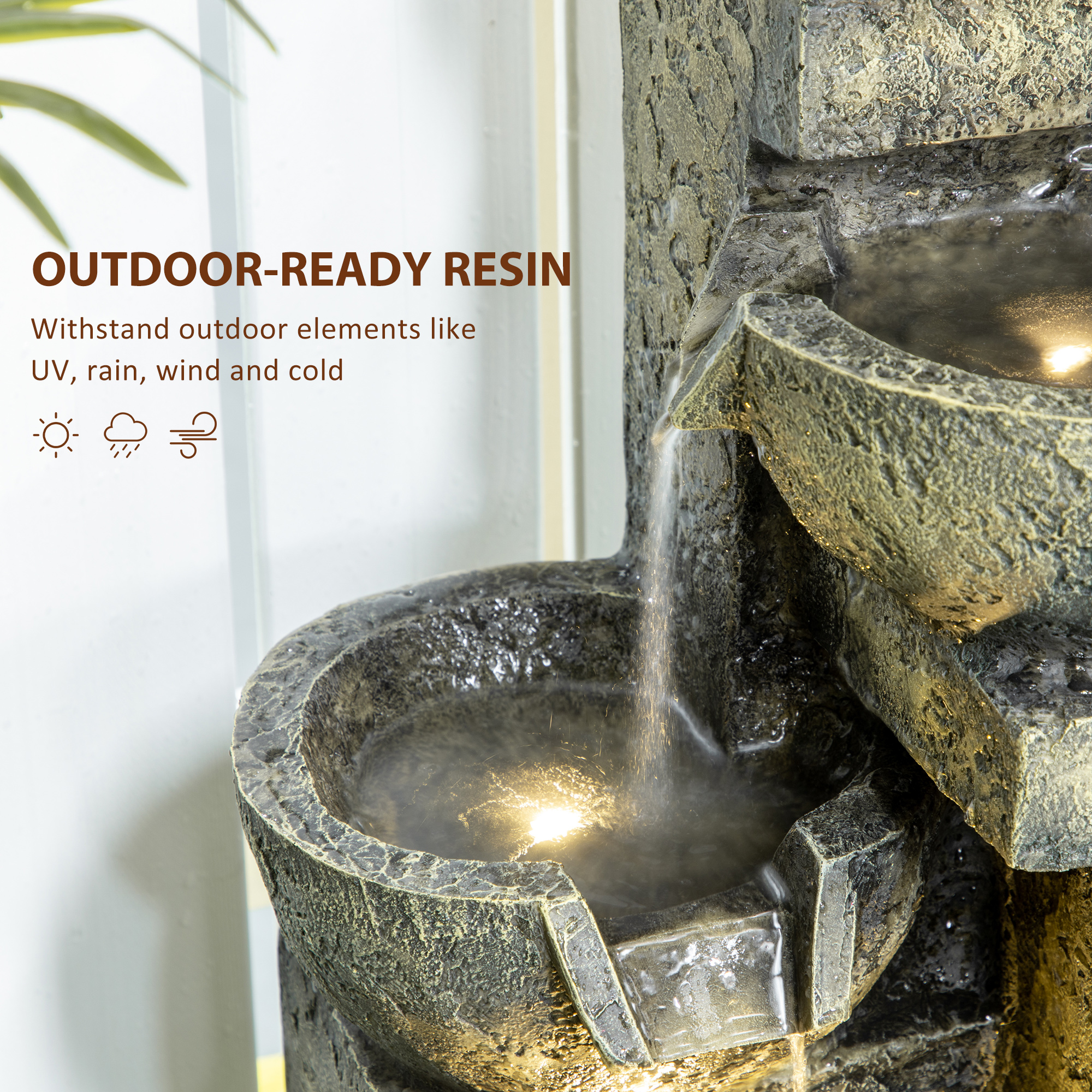  Small Outdoor Fountain with 4-Tier Stone Bowls, Adjustable Waterfall Flow & LED Lights, Perfect for Patio & Zen Garden, Gray