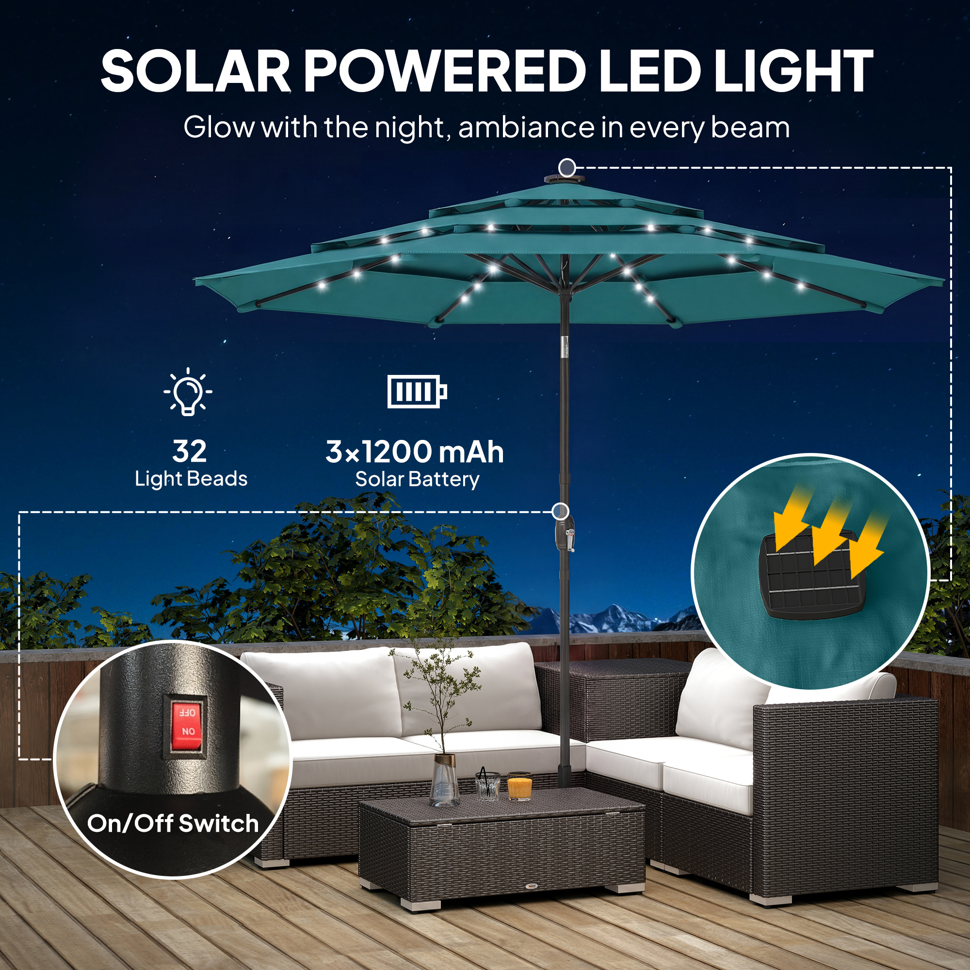  9.7 ft Outdoor Patio Umbrella with Solar LED Lights, 3 Tier Outdoor Table Umbrella with Tilt, Crank, Teal