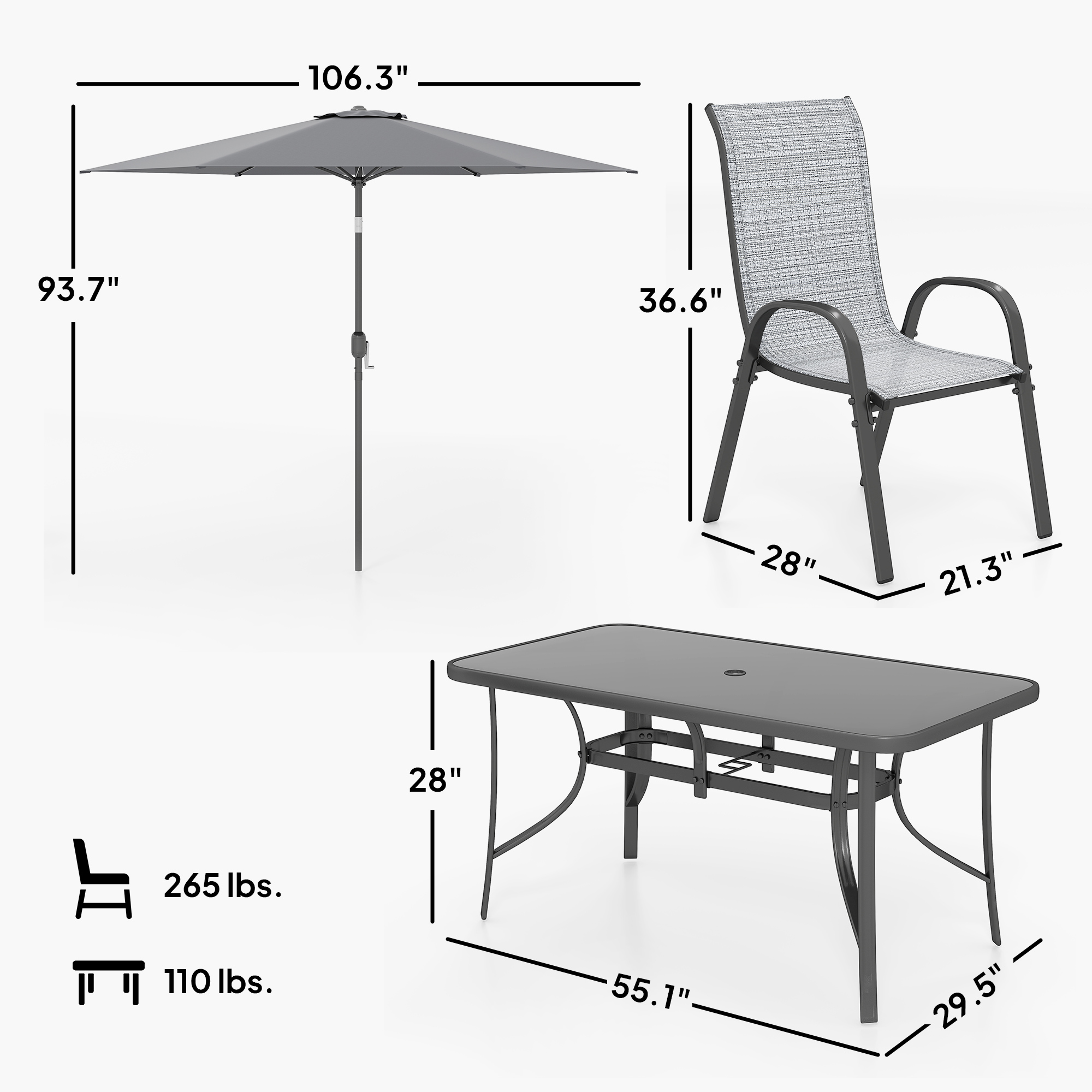 8 Pieces Patio Furniture Set with 9Ft Patio Umbrella, Outdoor Dining Table and Chairs, Mixed Gray
