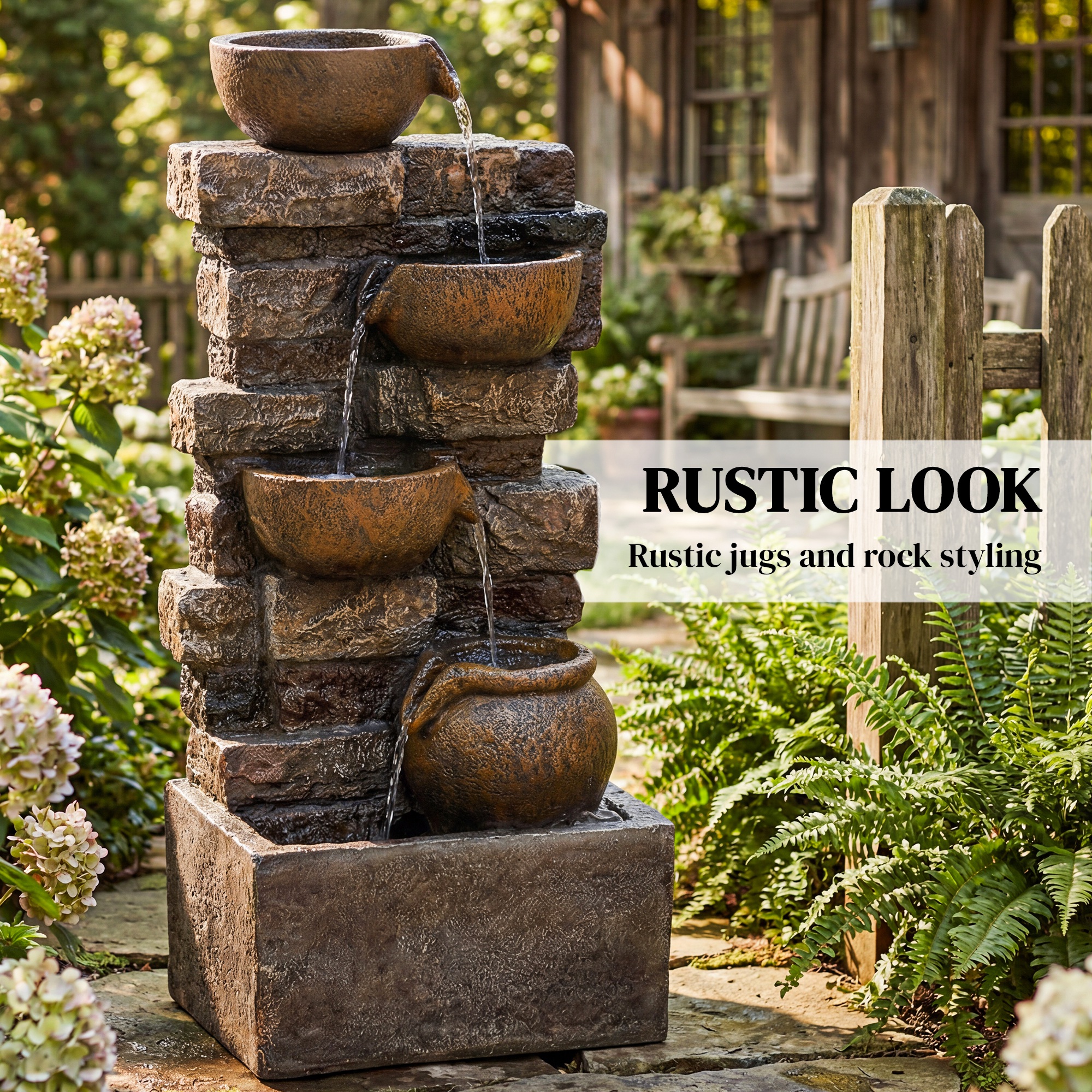  28" Outdoor Fountain with 5-Tier Rustic Jugs, Cascading Waterfall with LED Lights, Adjustable Flow, Rustic Brown