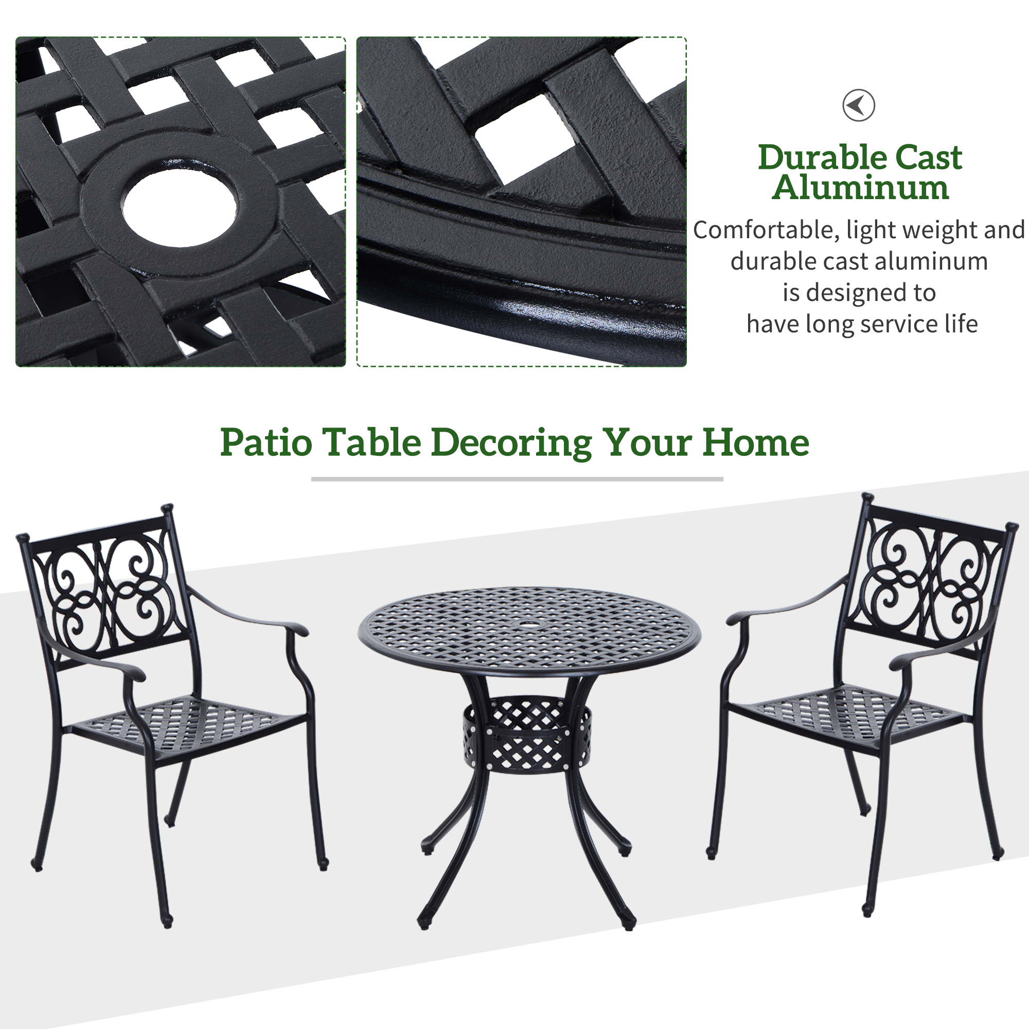  33" Patio Dining Table Round Cast Aluminium Outdoor Bistro Table with Umbrella Hole - Black