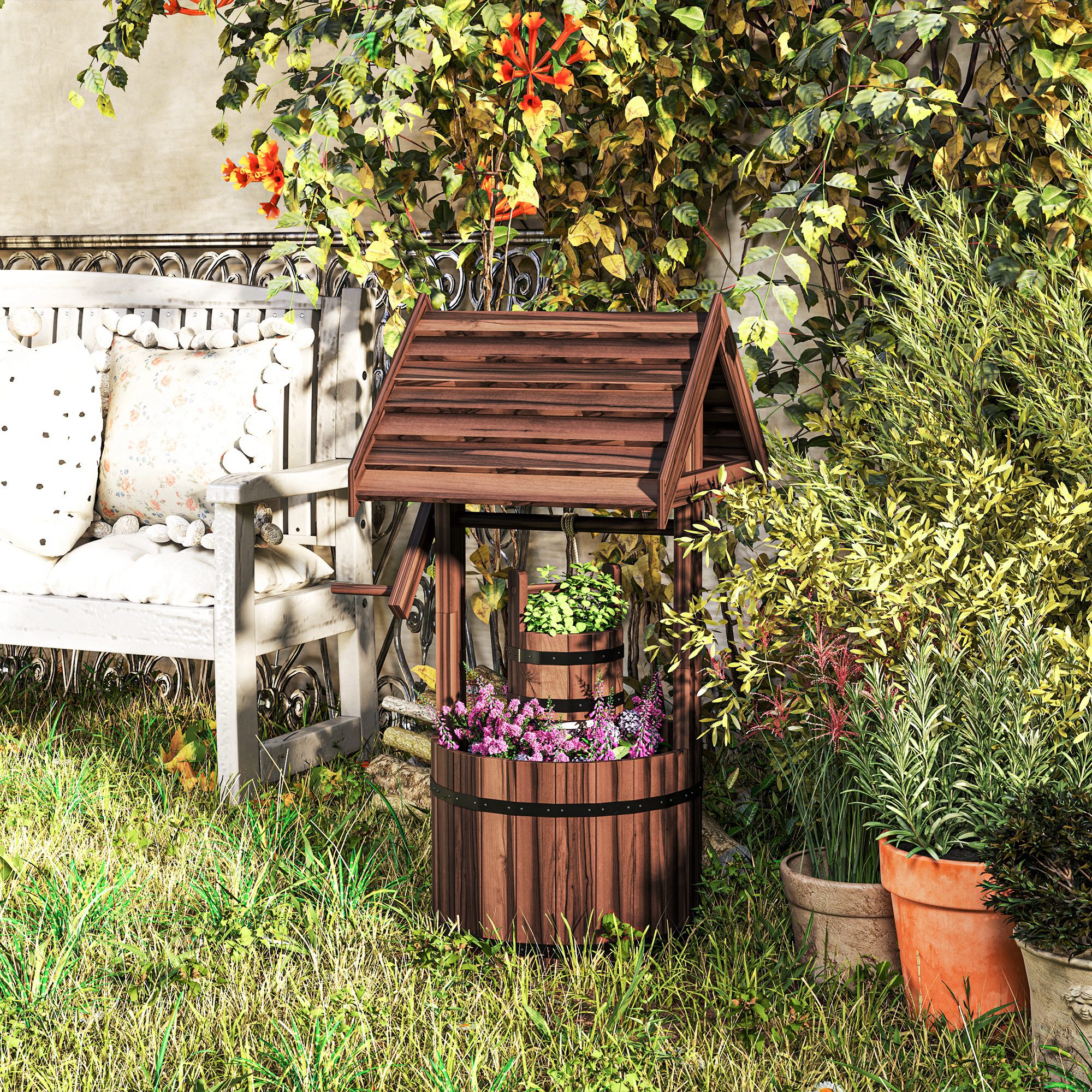 Wood Wishing Well for Outside with Hanging Bucket, Wishing Well Planter with Drain Hole for Garden Patio, Carbonized