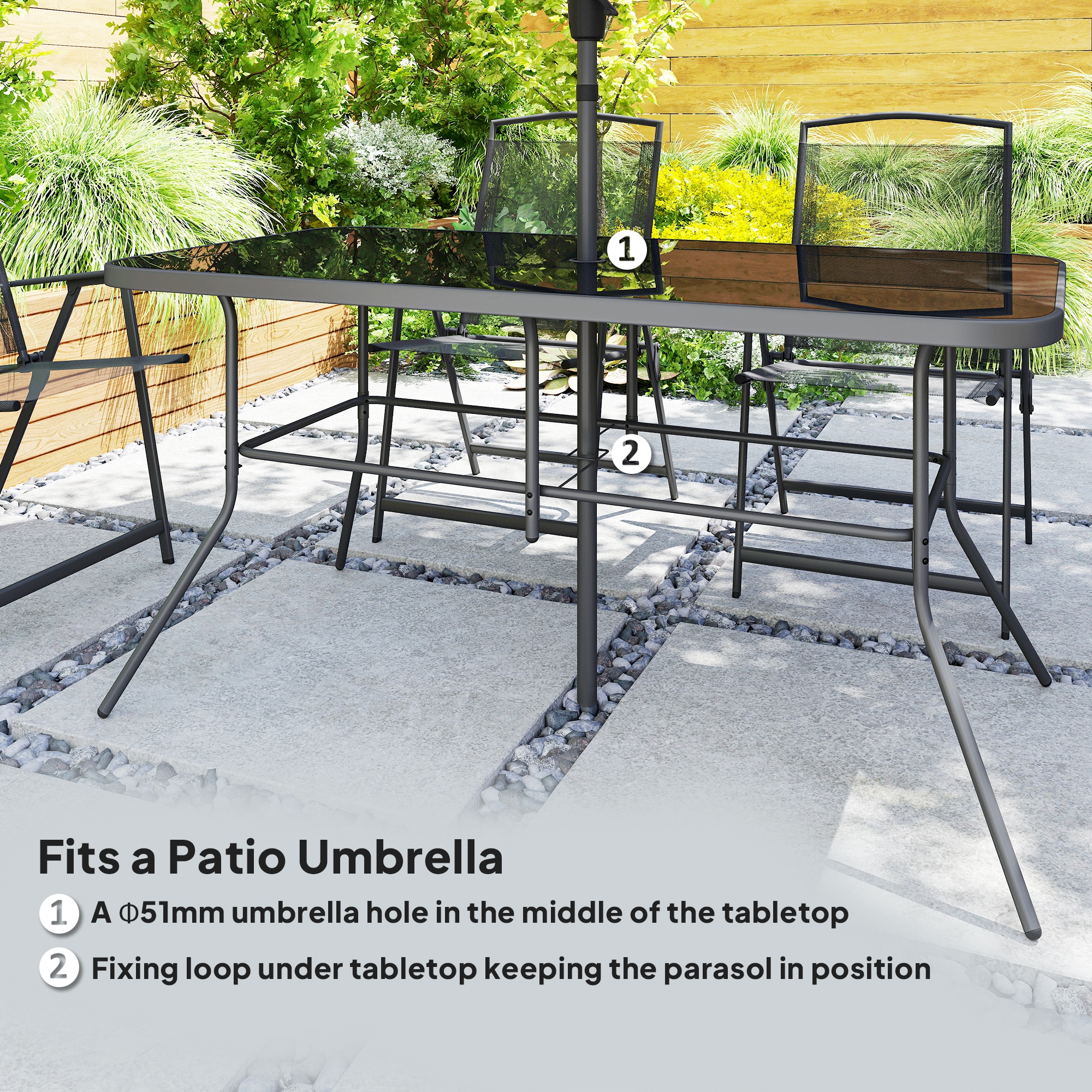  8 Piece Outdoor Dining Set, Patio Furniture Set with Umbrella, 6 Folding Chairs, Rectangle Table and Mesh Seat, Black