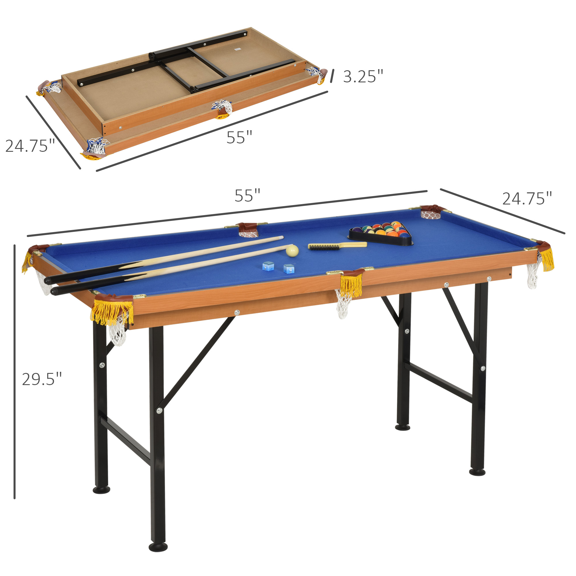 55" Portable Folding Billiards Table Game Pool Table for Whole Family Number Use With Cues, Ball, Rack, Chalk, Blue