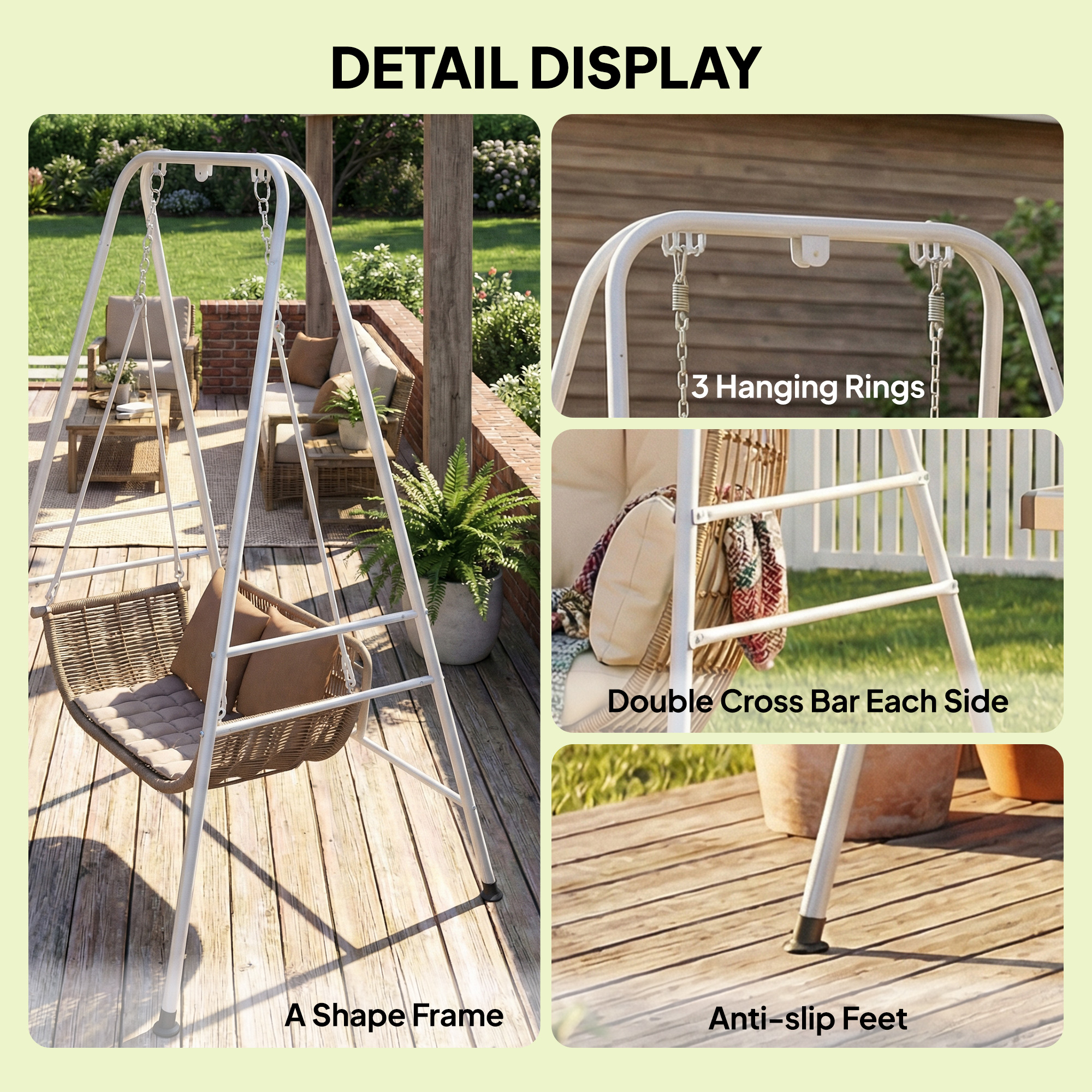  Hammock Chair Stand  Indoor and Outdoor Use with Anti-Slip Foot Pads, 2 Carabiners, White