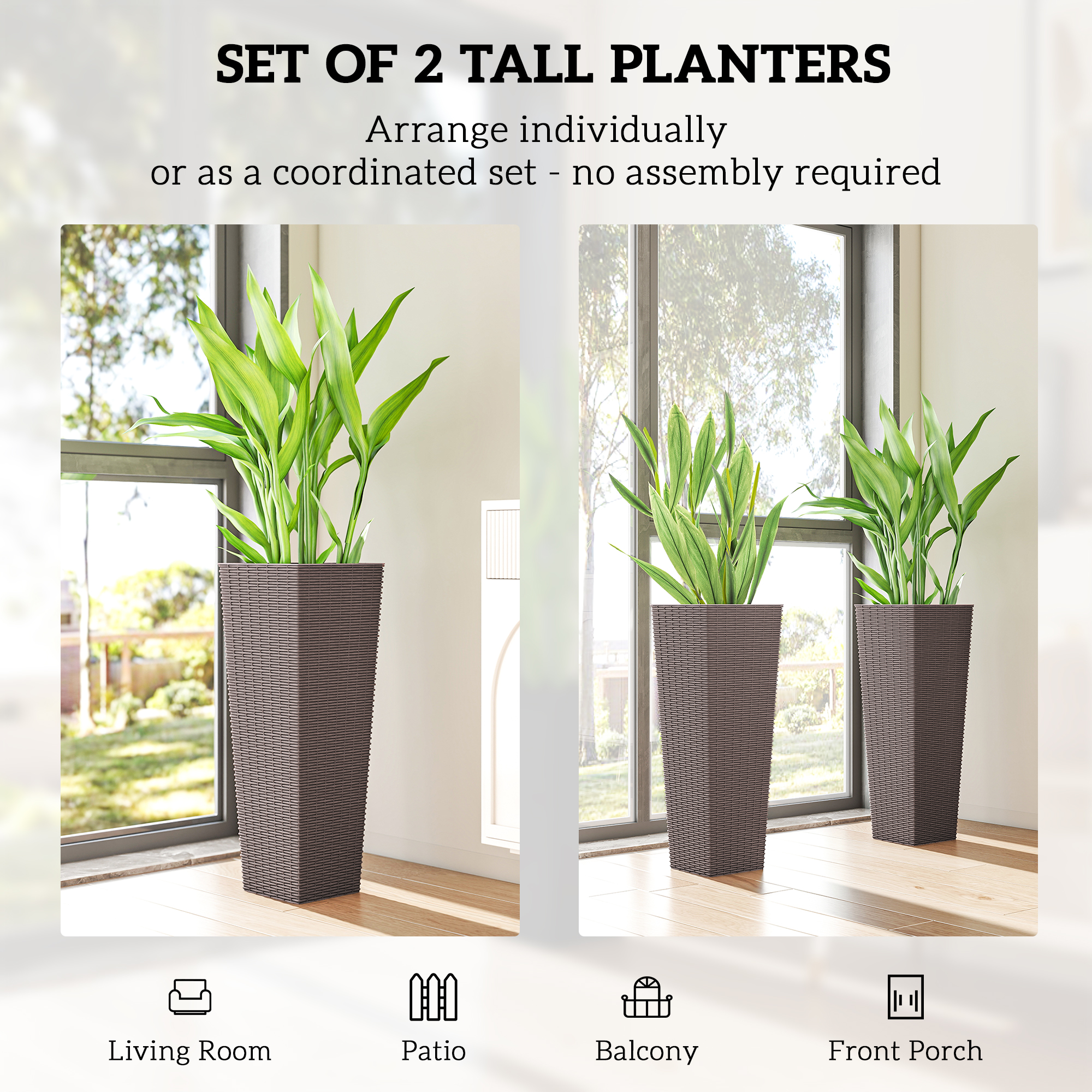 32 Inch Tall Planters for Outdoor Plants, Set of 2 Plastic Flower Pots with Drainage Holes, Brown