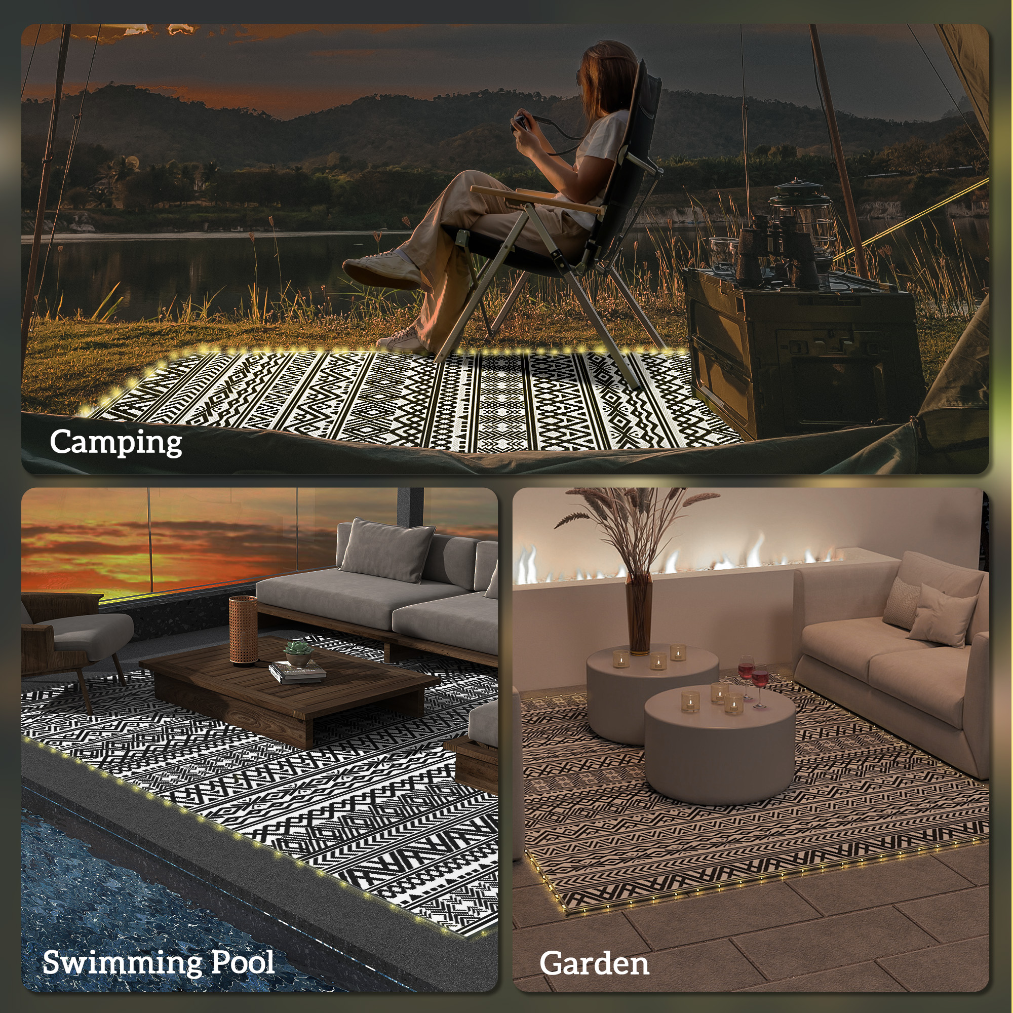 Outdoor Rug Carpet with USB Lights Reversible Patio Rug with Carry Bag for Camping 12 x 9 image 7