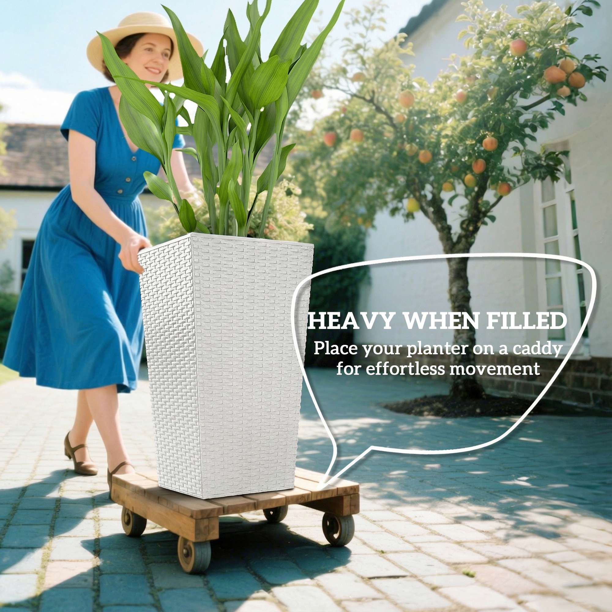  Tall Planters for Outdoor Plants Set of 3, 24 In Taper Planters with Drainage Holes, Rattan Decor Plant Pots, White