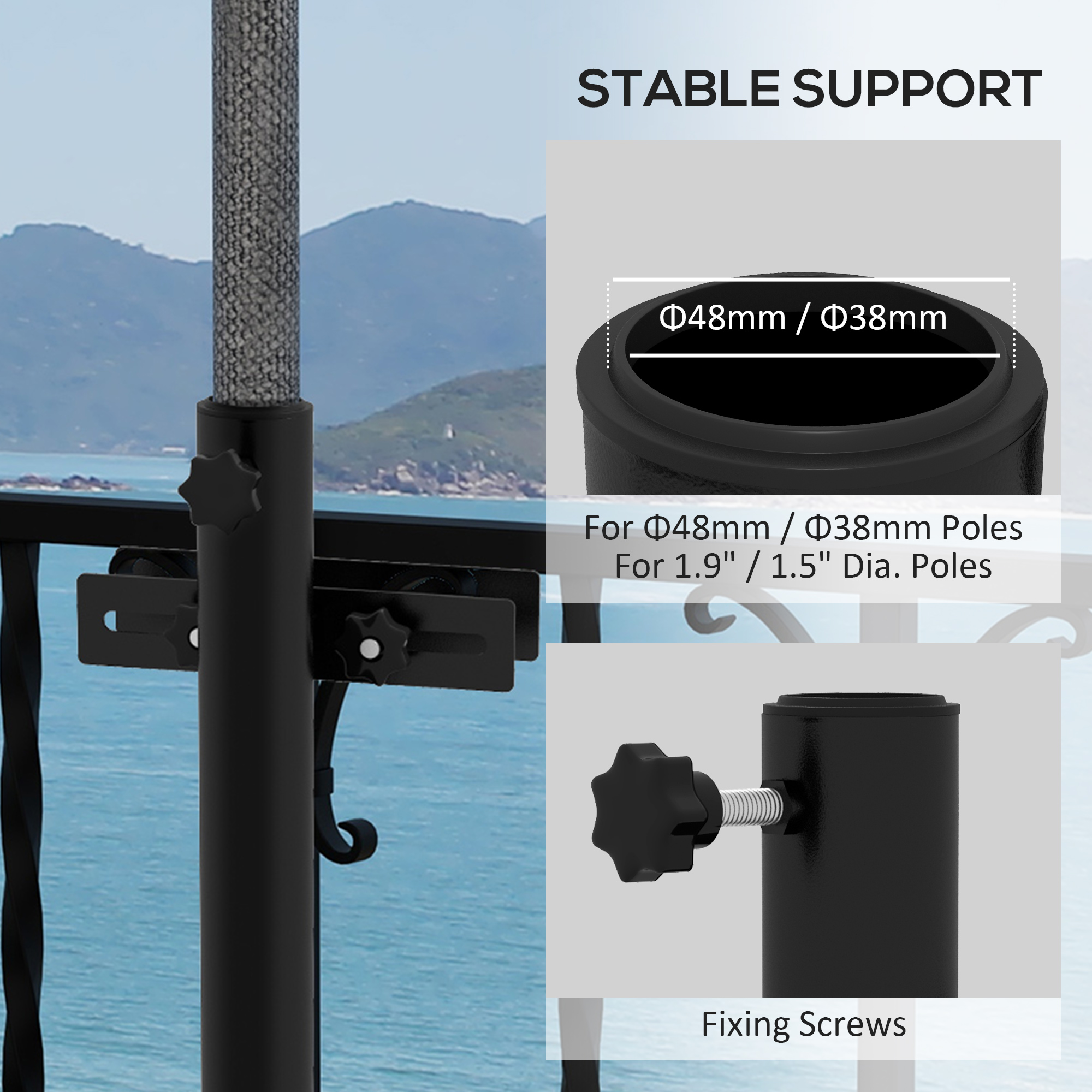  Patio Umbrella Holder Stand for Deck Railing, Umbrella Deck Mount Bracket with Adjustable Clamps, Black