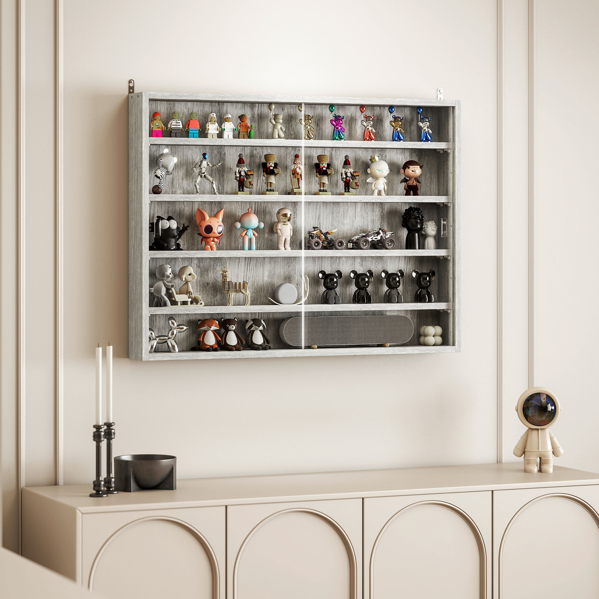 5-Tier Display Cabinet, Wall-Mounted Display Case with 2 Glass Doors and Adjustable Shelves, Gray image 7