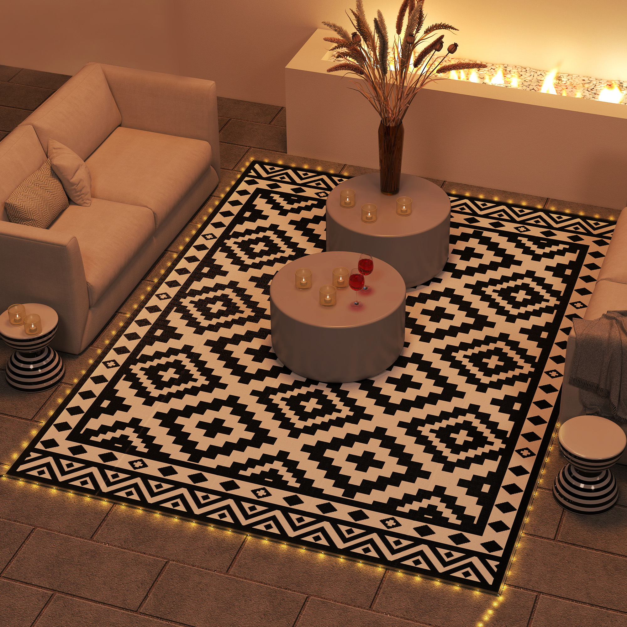 Outdoor Rug Carpet Reversible Plastic Straw Rug with LED Lights Black and White 12 x 9 for Patio