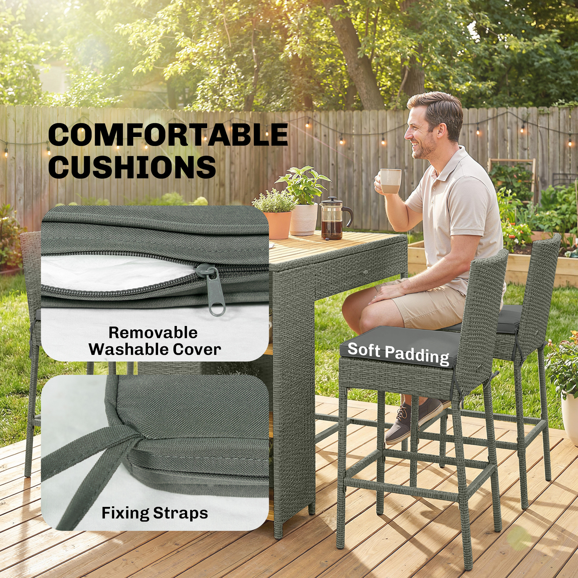  5 Piece Wicker Outdoor Bar Set, Acacia Wood Outdoor High Top Table and Chairs with 3 Tier Shelves, Cushions, Gray