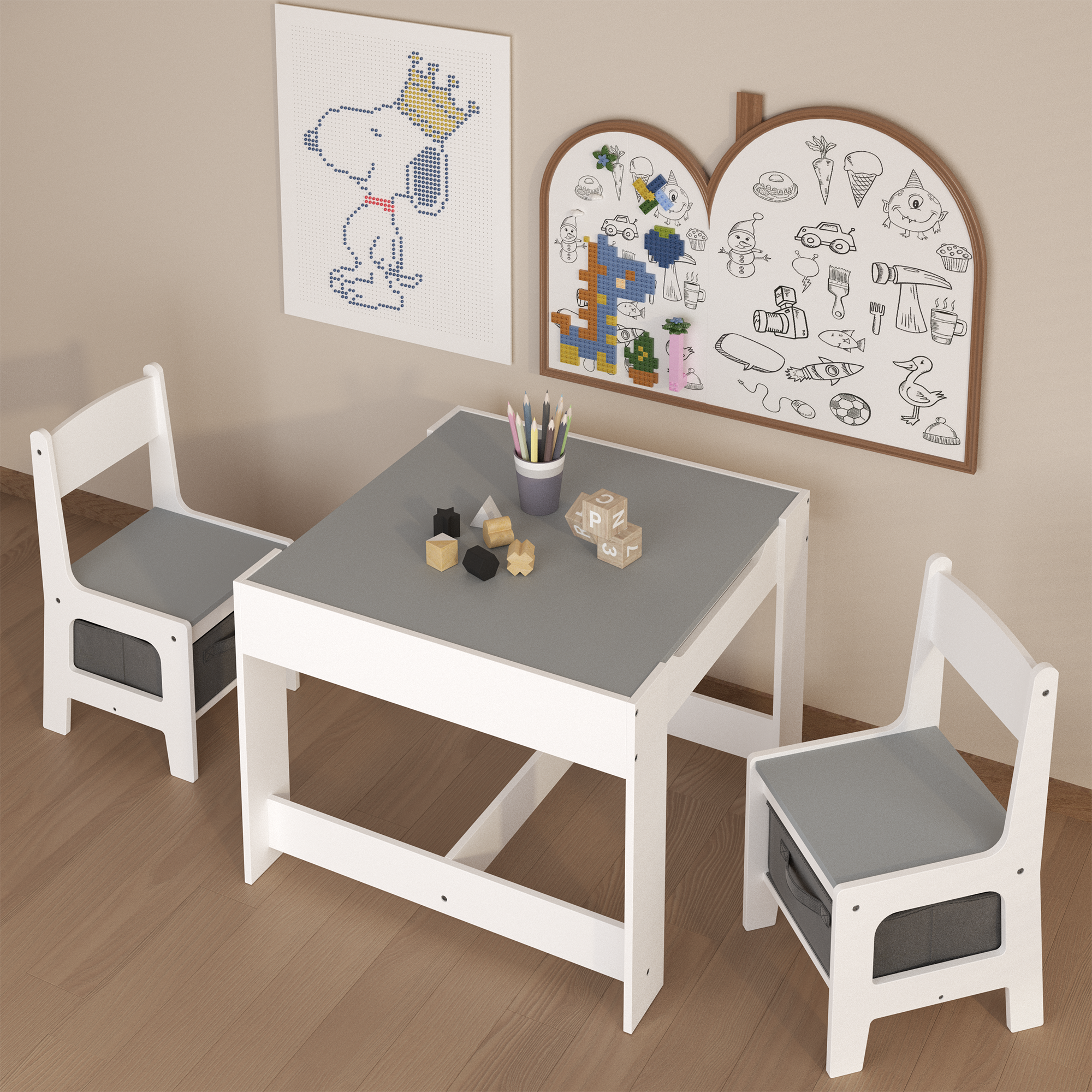 Kids Table And Chair Set, 3 In 1 Wooden Activity Table With Storage Drawer For Toddlers Drawing, Reading, Crafts, 2 In 1 Detachable Tabletop Table Set For Nursery, Playroom - Image 1