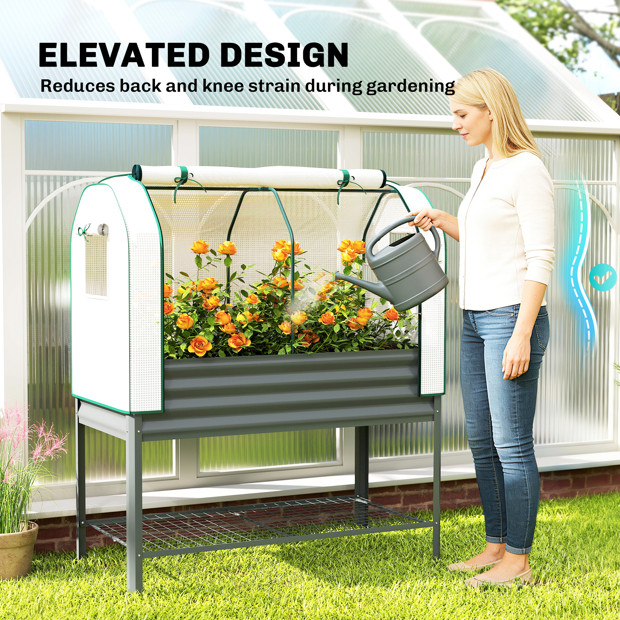  Galvanised Raised Garden Bed with Greenhouse Cover, Metal Elevated Garden Bed with Bed Liner, Bottom Shelf, Dark Gray