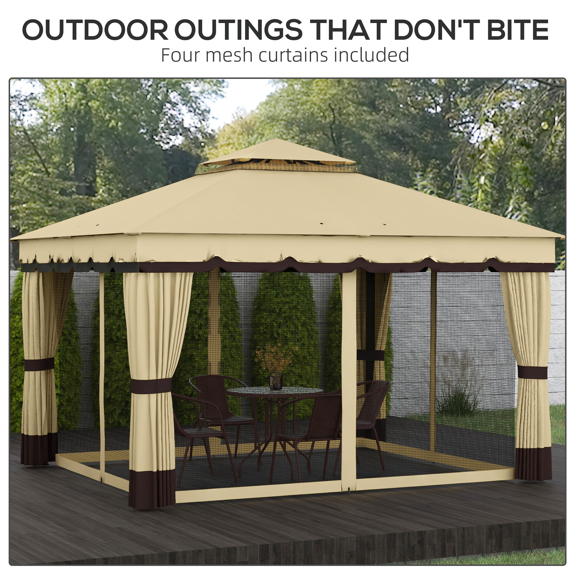  10' x 12' Double Roof Patio Gazebo Canopy, Outdoor Gazebo Shelter with Netting & Curtains, for Garden, Lawn and Deck