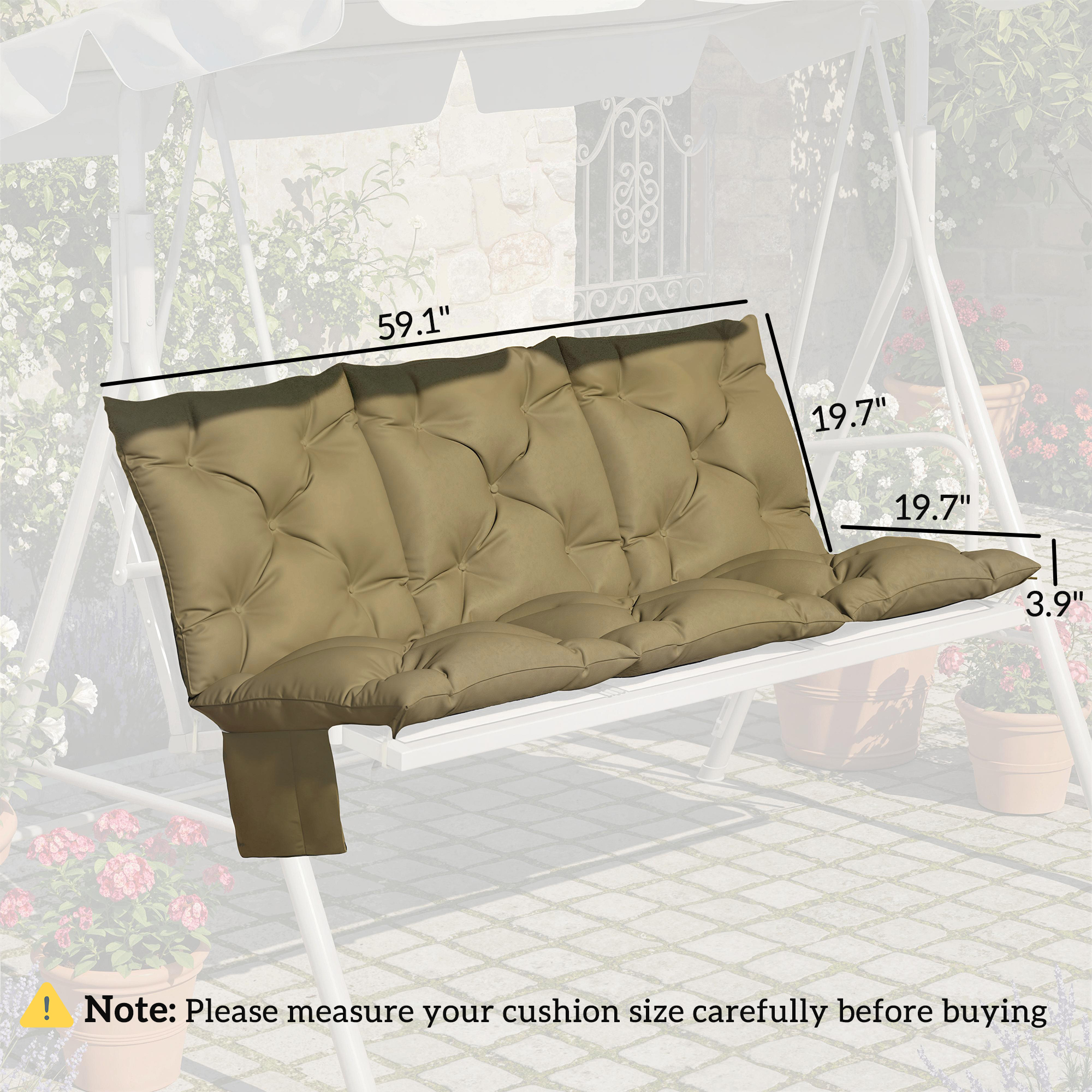  Bench Cushion Non-Slip Outdoor Swing Cushion w/Backrest Side Pocket for 3 Seater Patio Furniture Beige