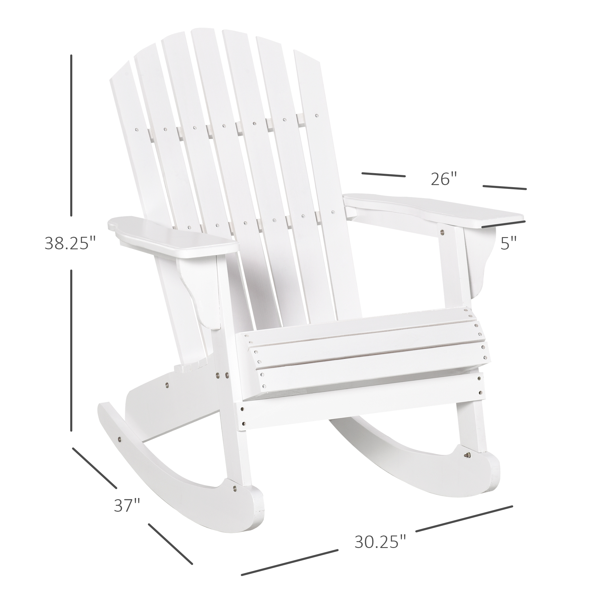  Wooden Adirondack Rocking Chair Outdoor Lounge Chair Fire Pit Seating with Slatted Wooden Design, Fanned Back, White