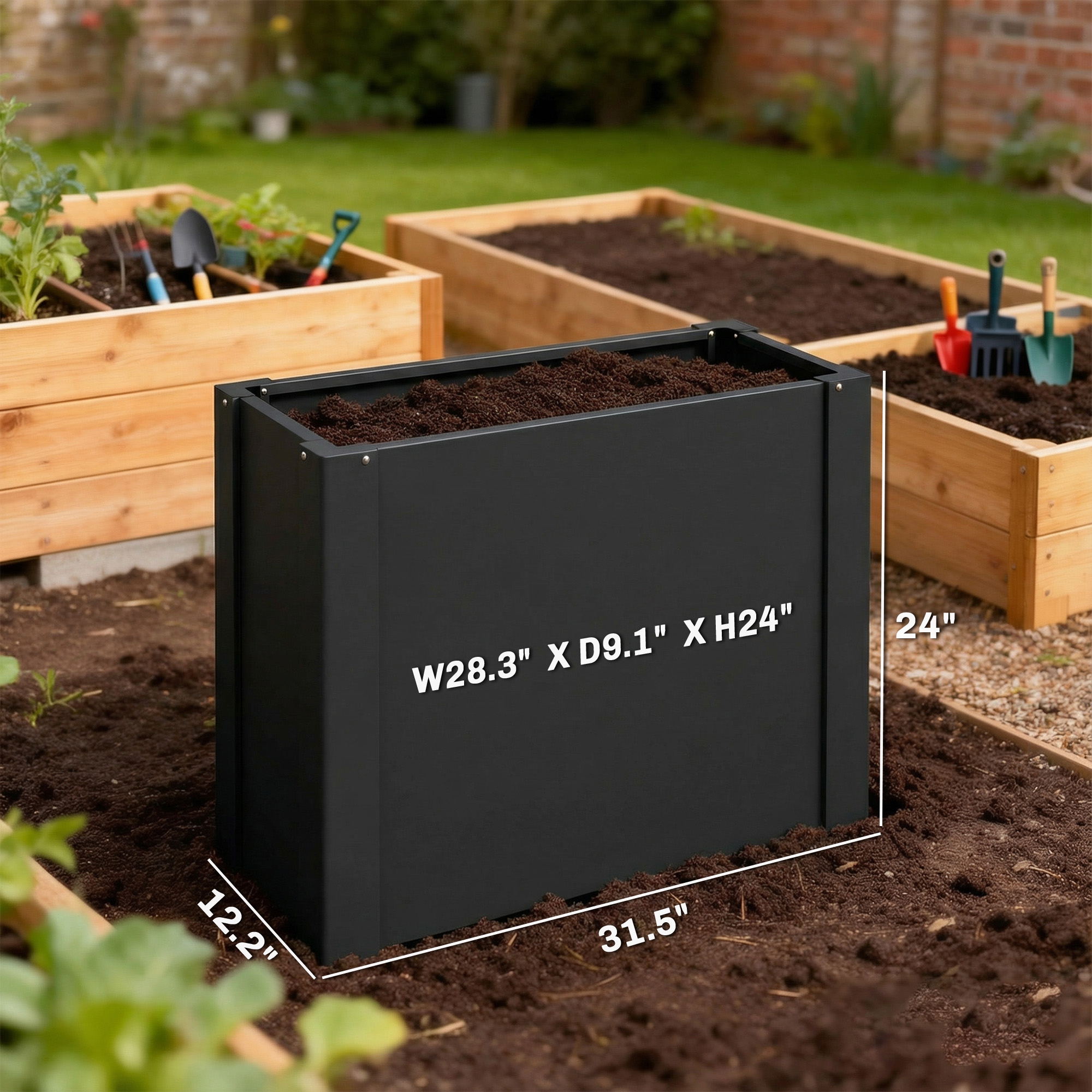  Raised Garden Bed Galvanized Planter Box Outdoor with Gloves for Gardening Vegetables, Flower, Herb, 2.6 x 1 x 2 ft, Black