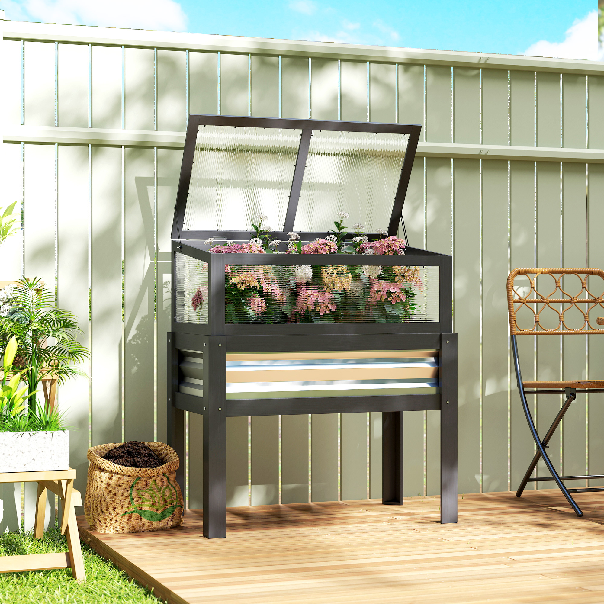  Raised Garden Bed with Flip-Up Mini Greenhouse, Elevated Planter Box with Legs and Bed Liner for Flowers, Vegetables