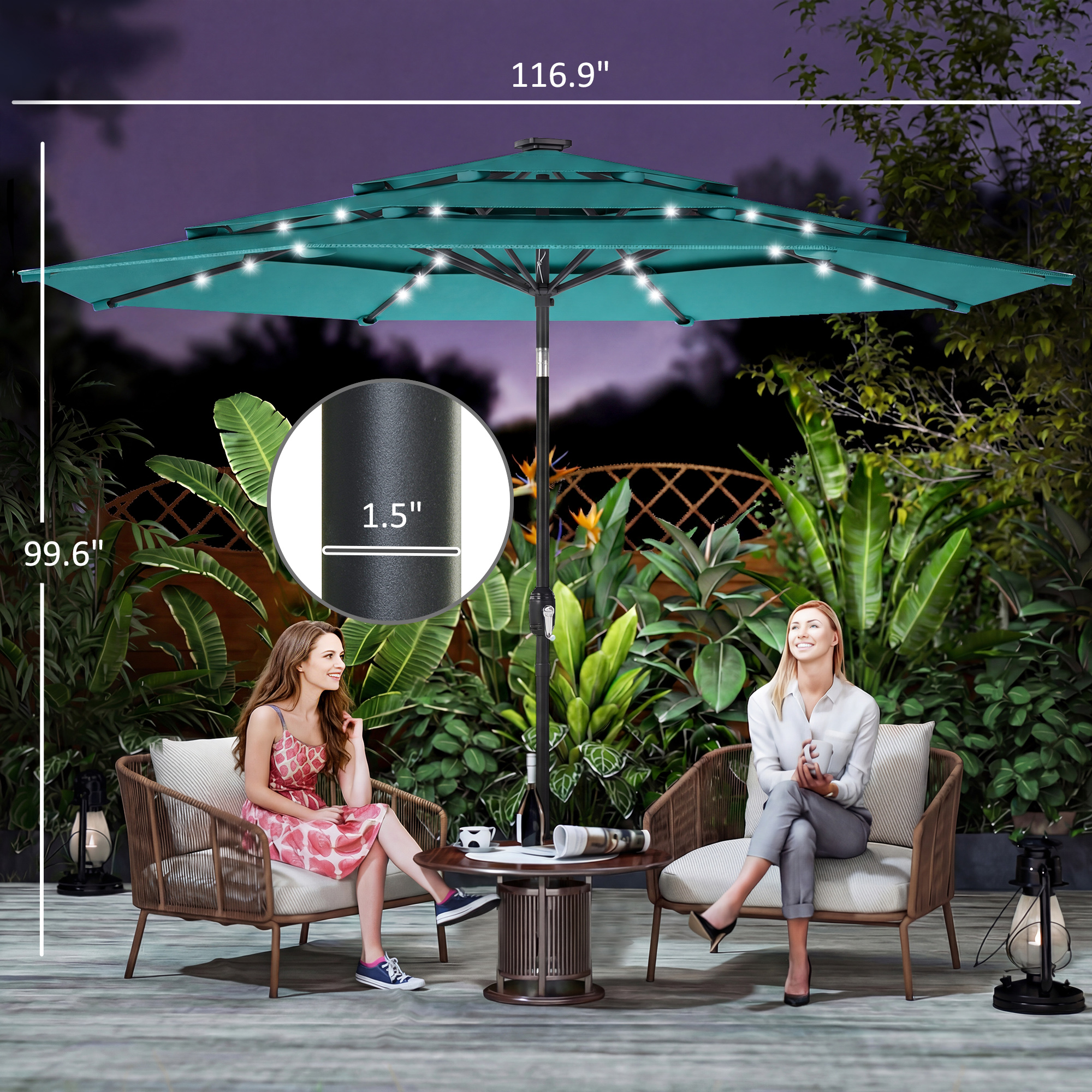  9.7 ft Outdoor Patio Umbrella with Solar LED Lights, 3 Tier Outdoor Table Umbrella with Tilt, Crank, Teal