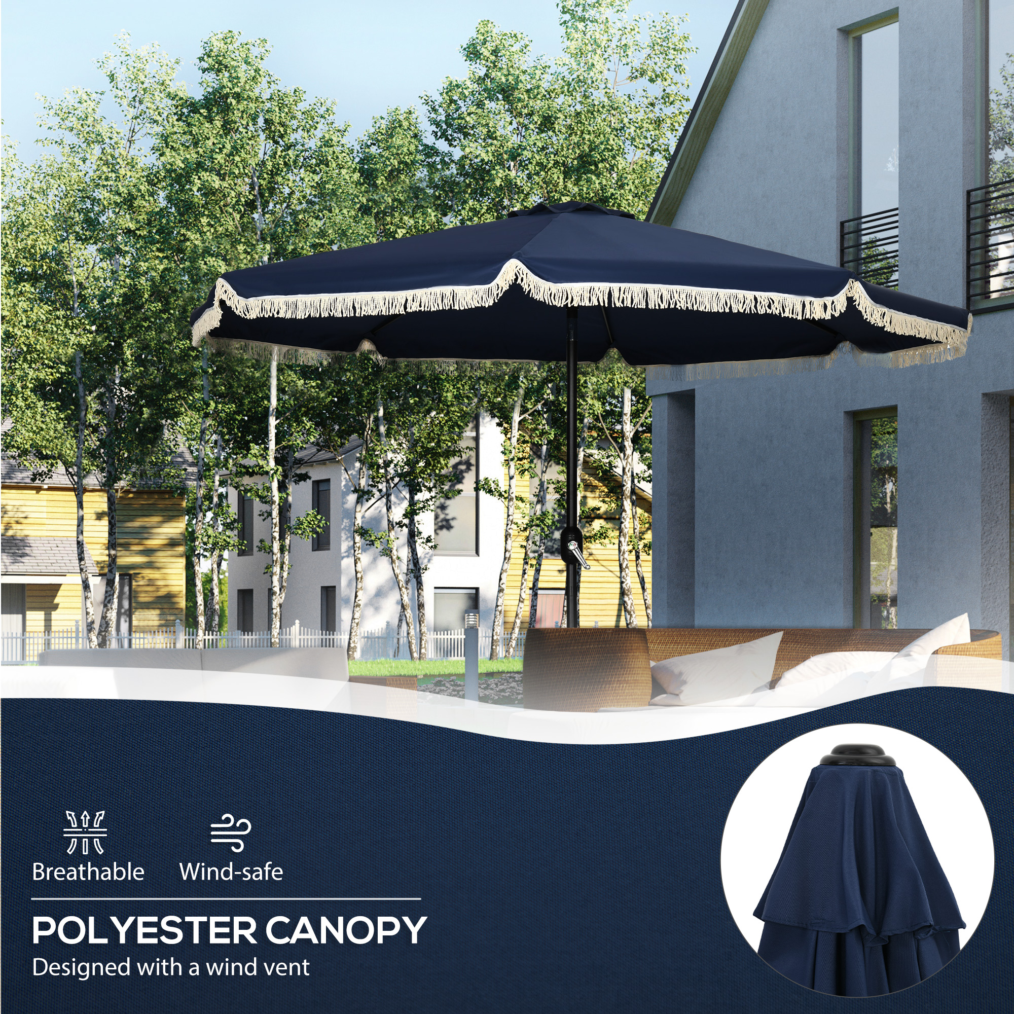  9ft Patio Umbrella Outdoor Table Umbrella w/ Tilt, Crank, Ruffled, 8 Ribs for Garden, Deck, Pool, Dark Blue