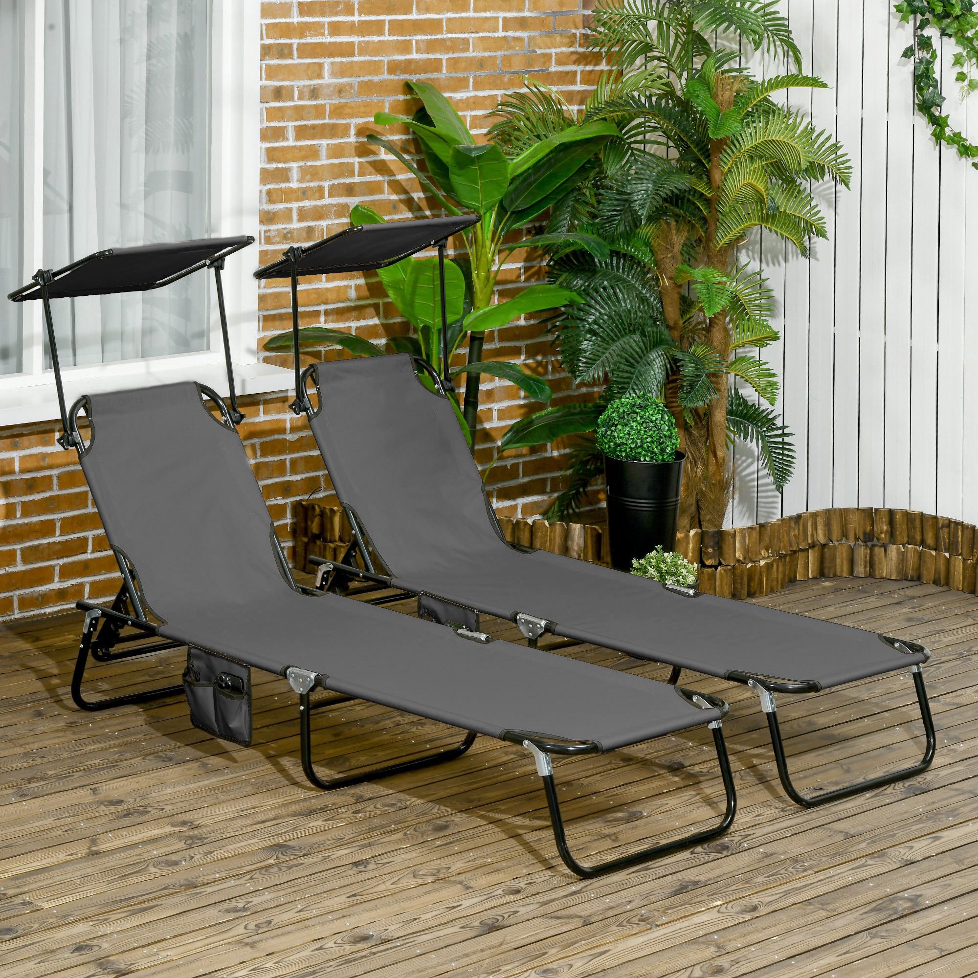  Pool Chaise Lounge Chairs Set of 2, Folding Lounge Chairs with Sunshade, Reclining Back, Steel Frame, Dark Gray