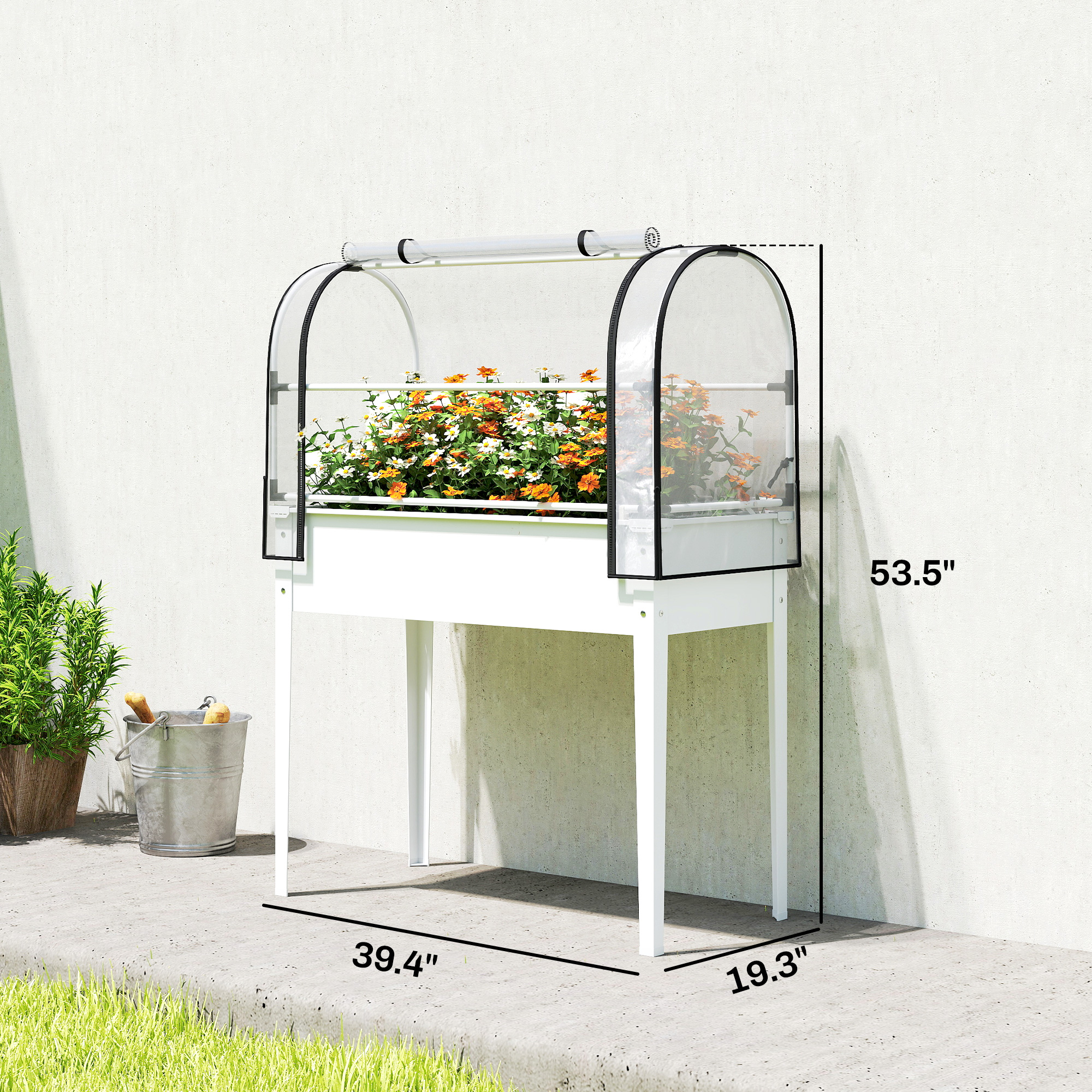  Raised Garden Bed with Flip-Up Greenhouse Cover, Metal Elevated Garden Bed with Legs and Drainage Hole, White