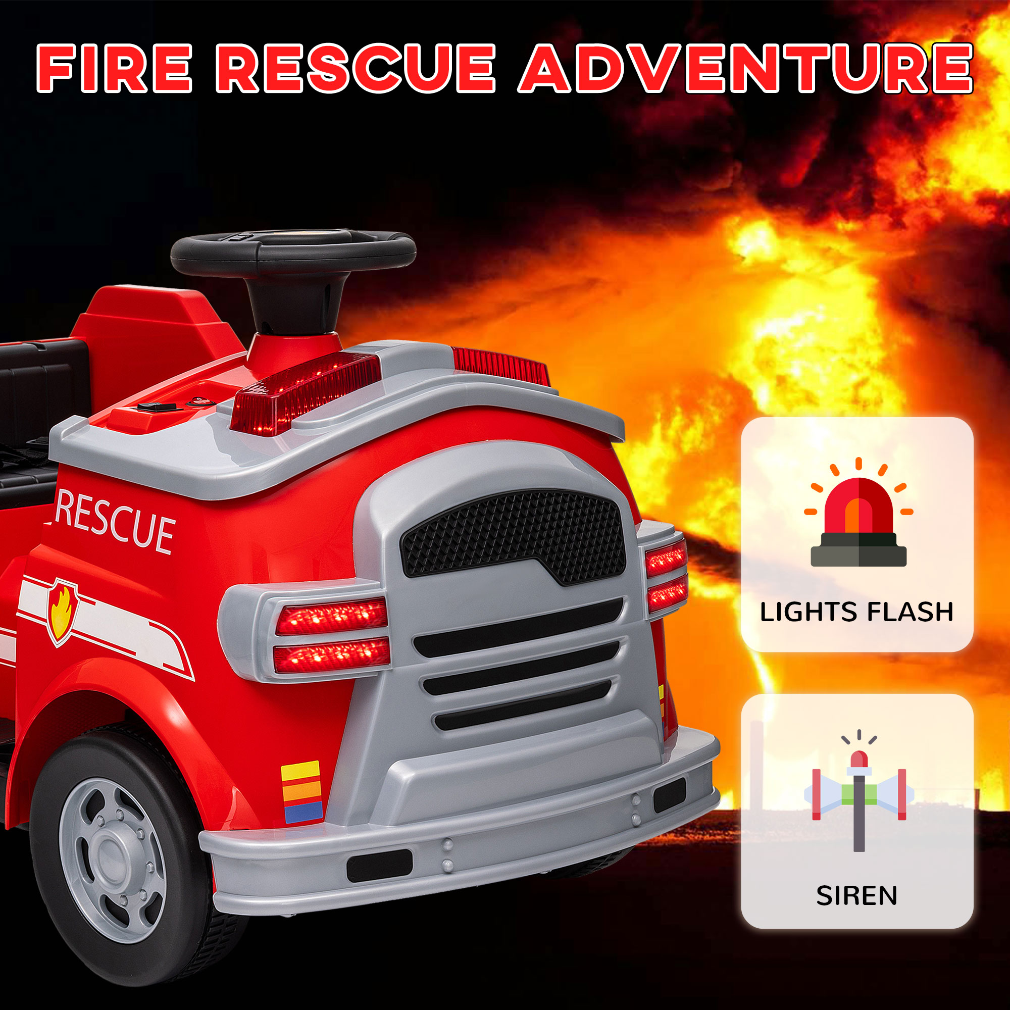 12V Ride on Fire Truck with Siren, Flashing Lights Fire Extinguisher, Soft Start, Horn Music, Red