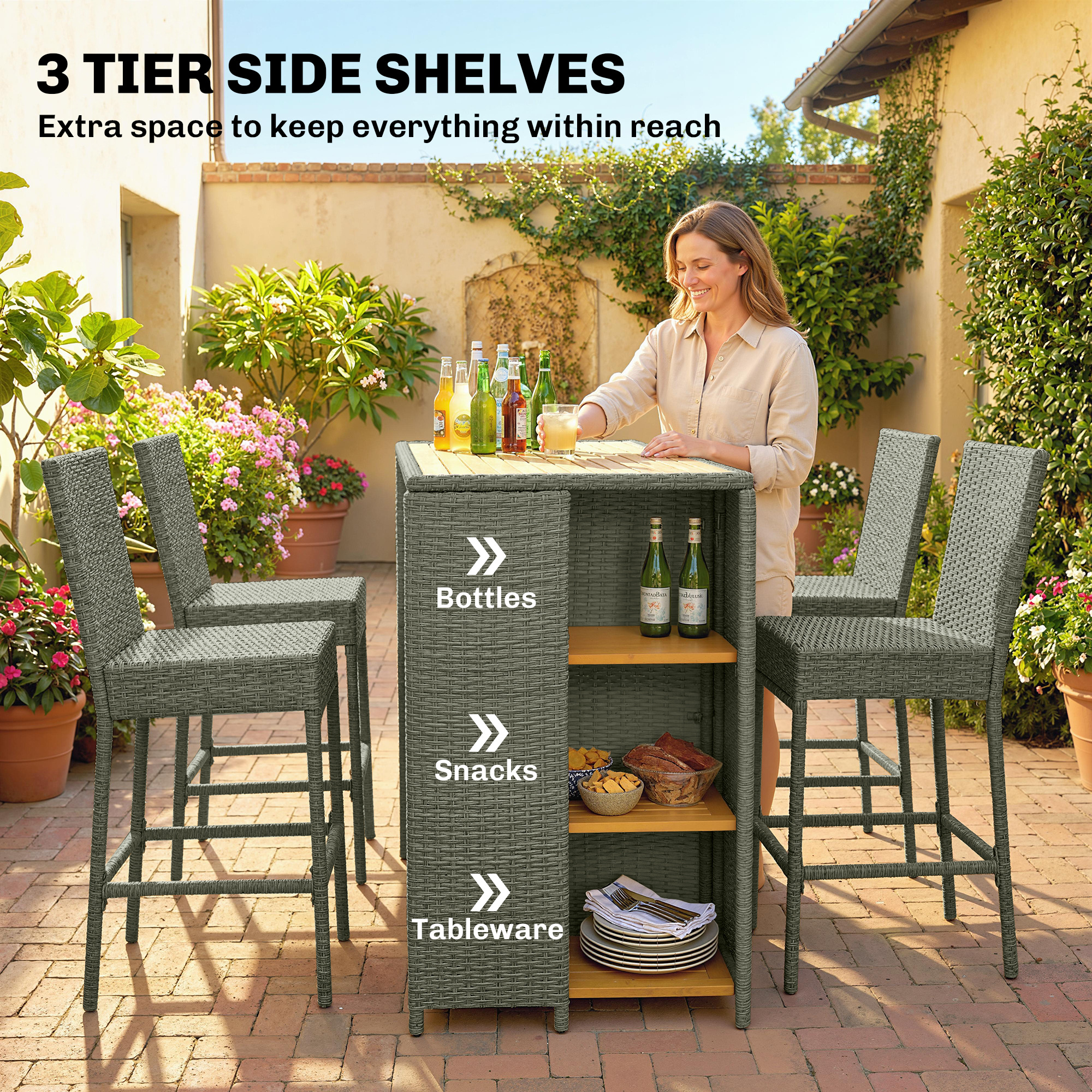  5 Piece Wicker Outdoor Bar Set, Acacia Wood Outdoor High Top Table and Chairs with 3 Tier Shelves, Cushions, Gray