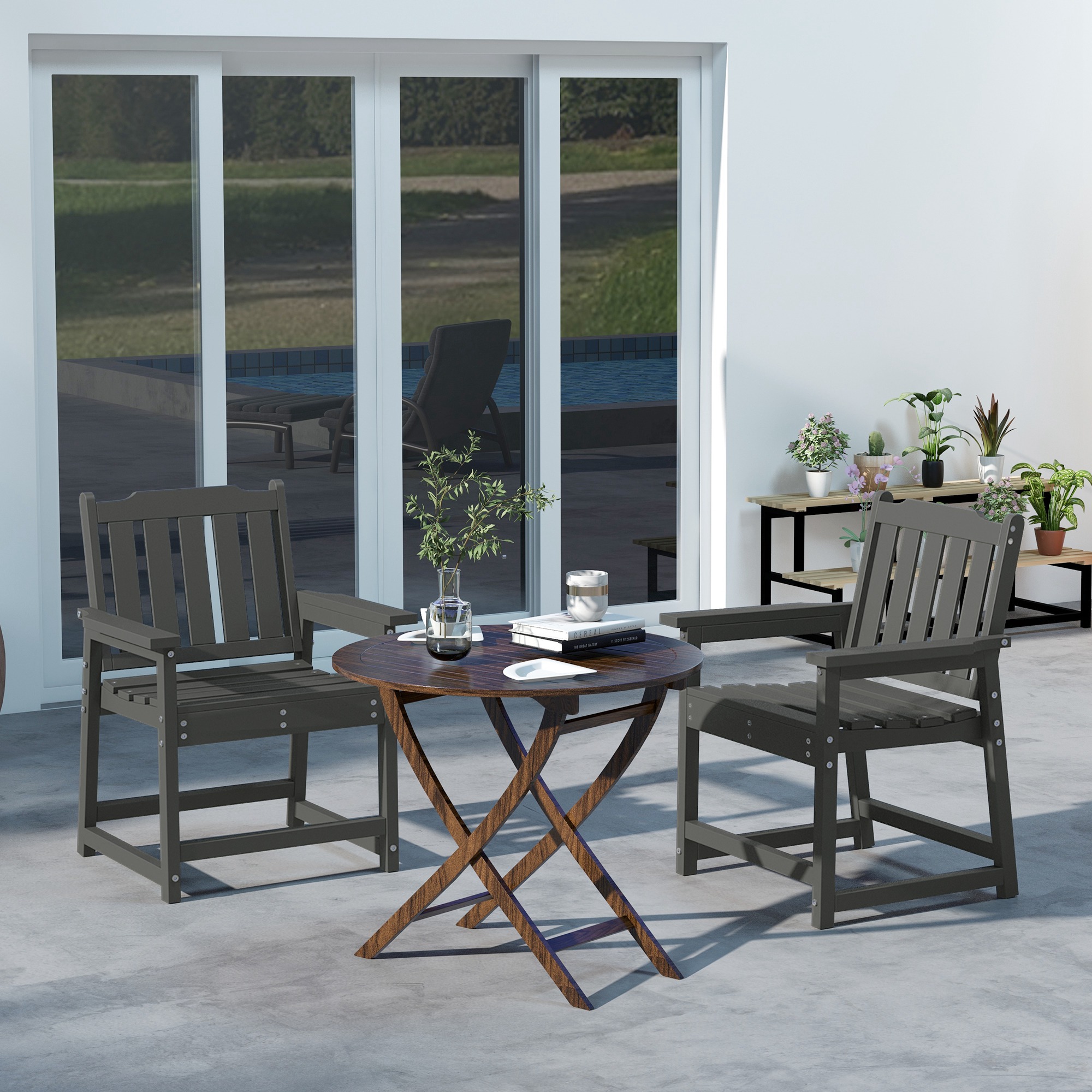  2 Piece All-Weather Patio Chairs, HDPE Patio Dining Chair Set, Heavy Duty Wood-Like Outdoor Furniture, Gray