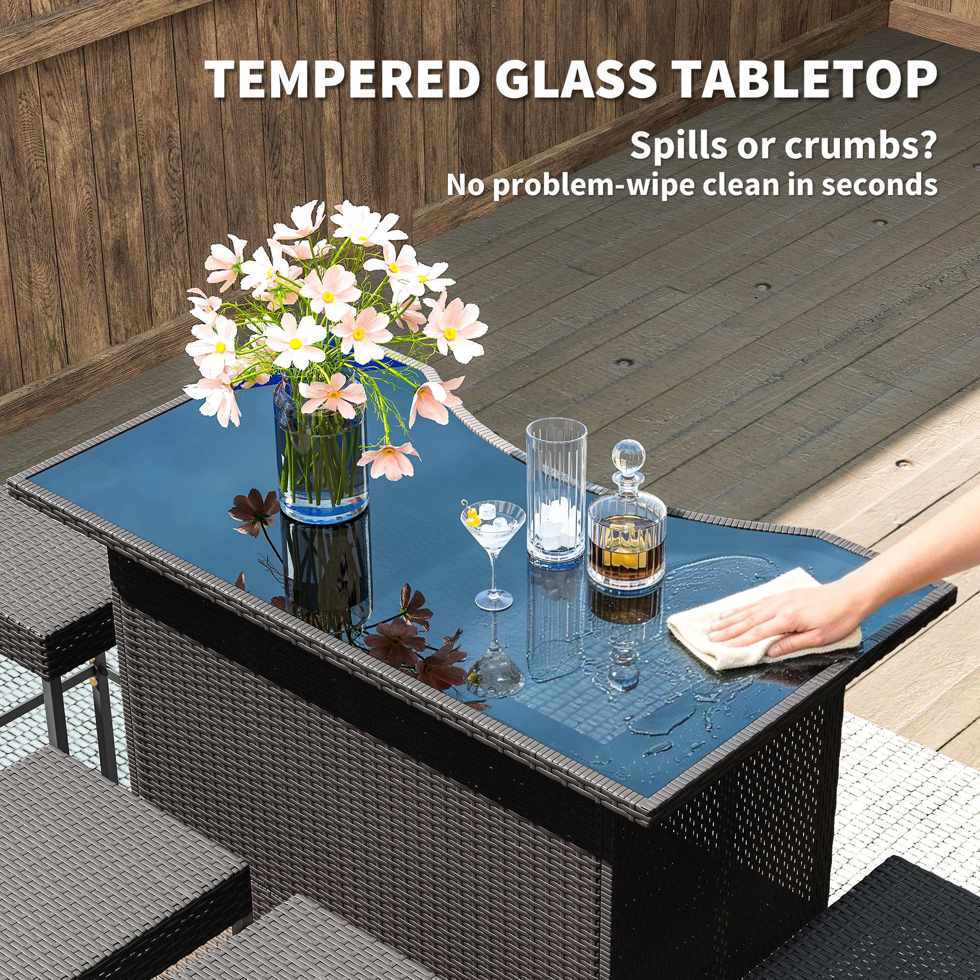  5 Piece Rattan Wicker Bar Set, High Top Outdoor Table and Chairs, Bar Height Patio Set, 2 Shelves & 4 Bar Stools, Brown