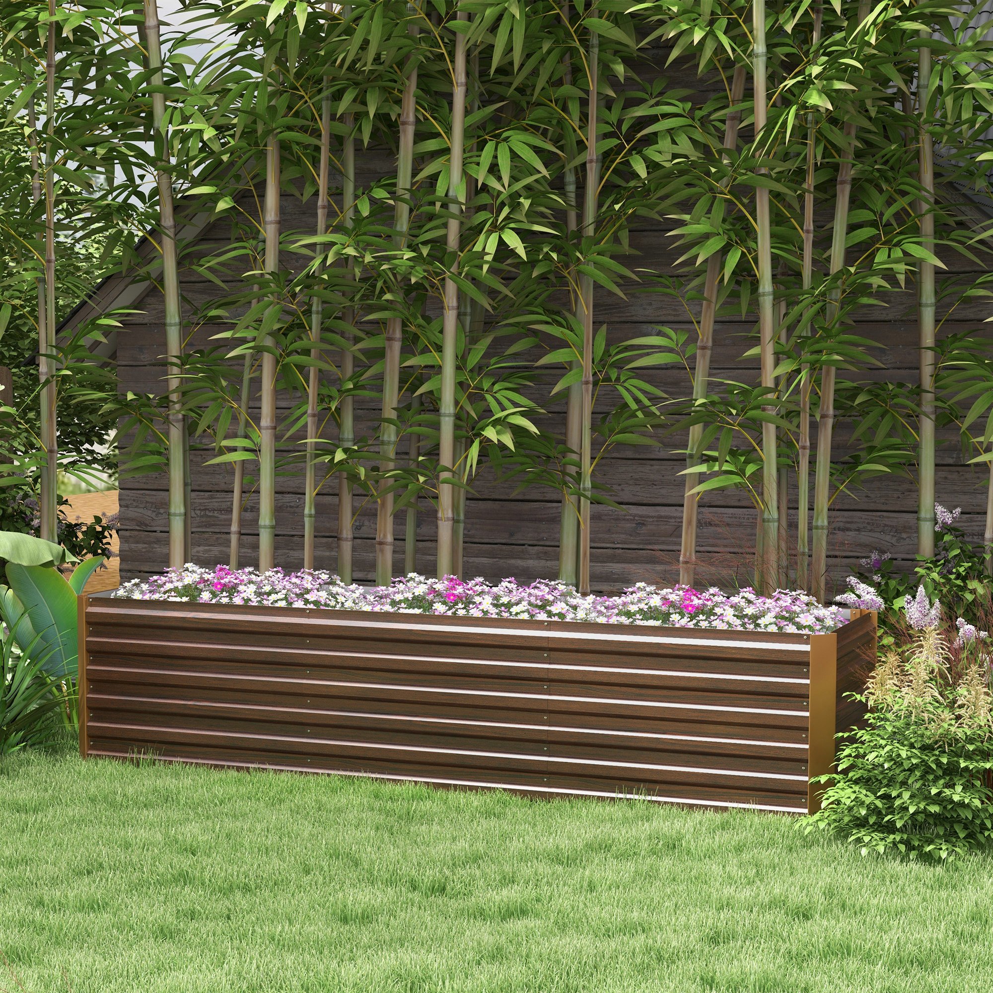  8x2x2ft Galvanized Raised Garden Bed Kit with Safety Edging for Flowers, Herbs and Vegetables, Dark Brown