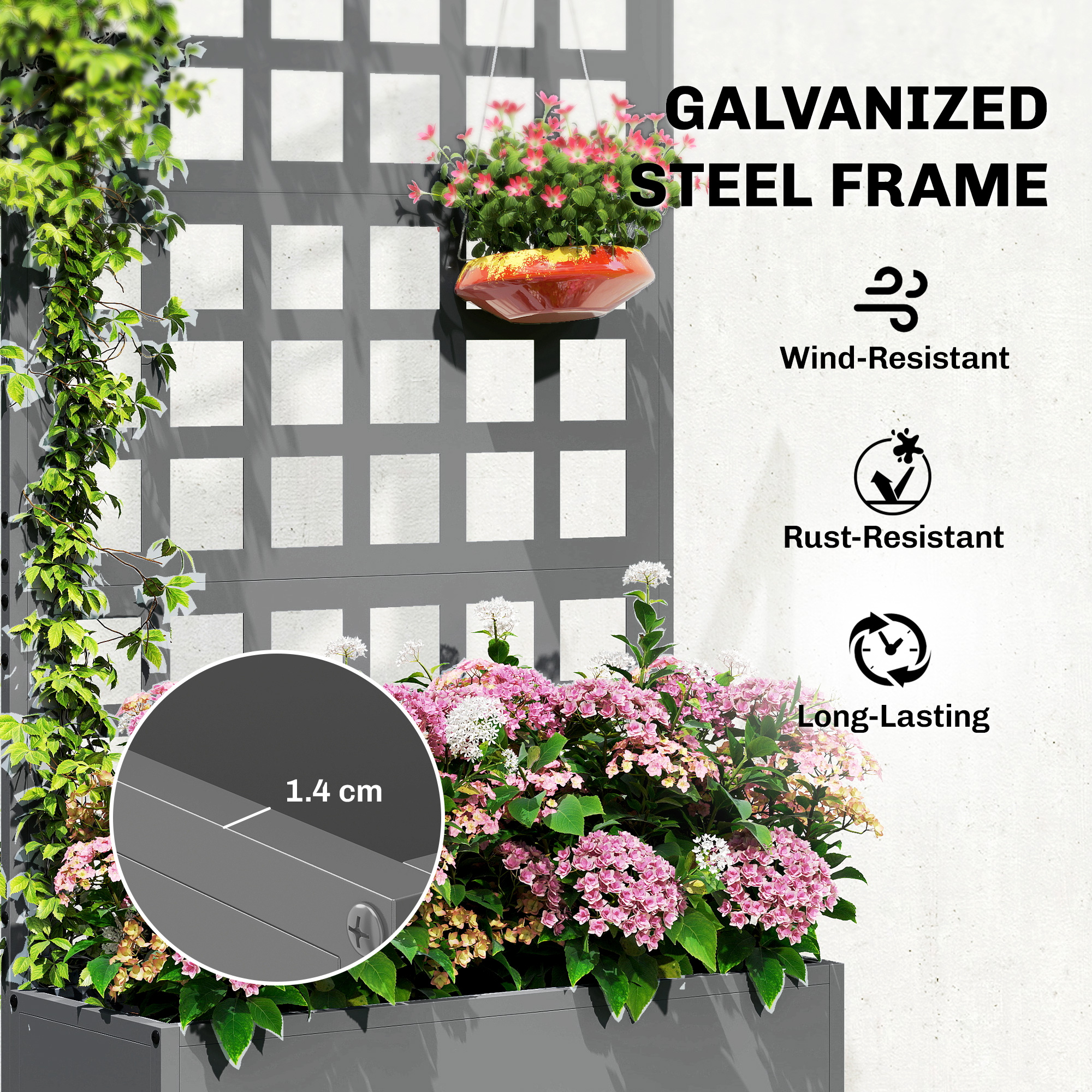  Galvanized Raised Garden Bed Planter Box with Trellis for Climbing Plants, Vegetable, Vines, 24" x 9" x 44.5", Gray