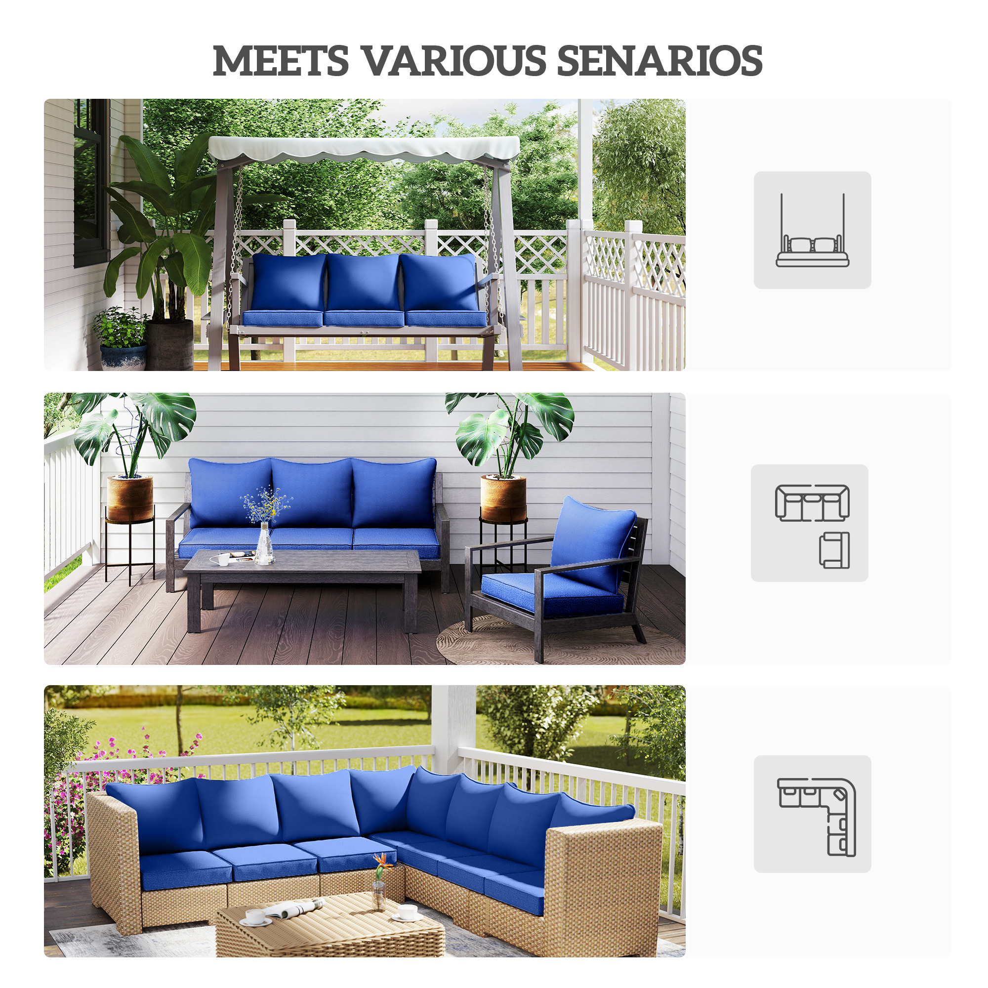  8 Patio Chair Cushions with Seat & Backrest, Fade Resistant Seat Replacement Cushion Set, Navy Blue