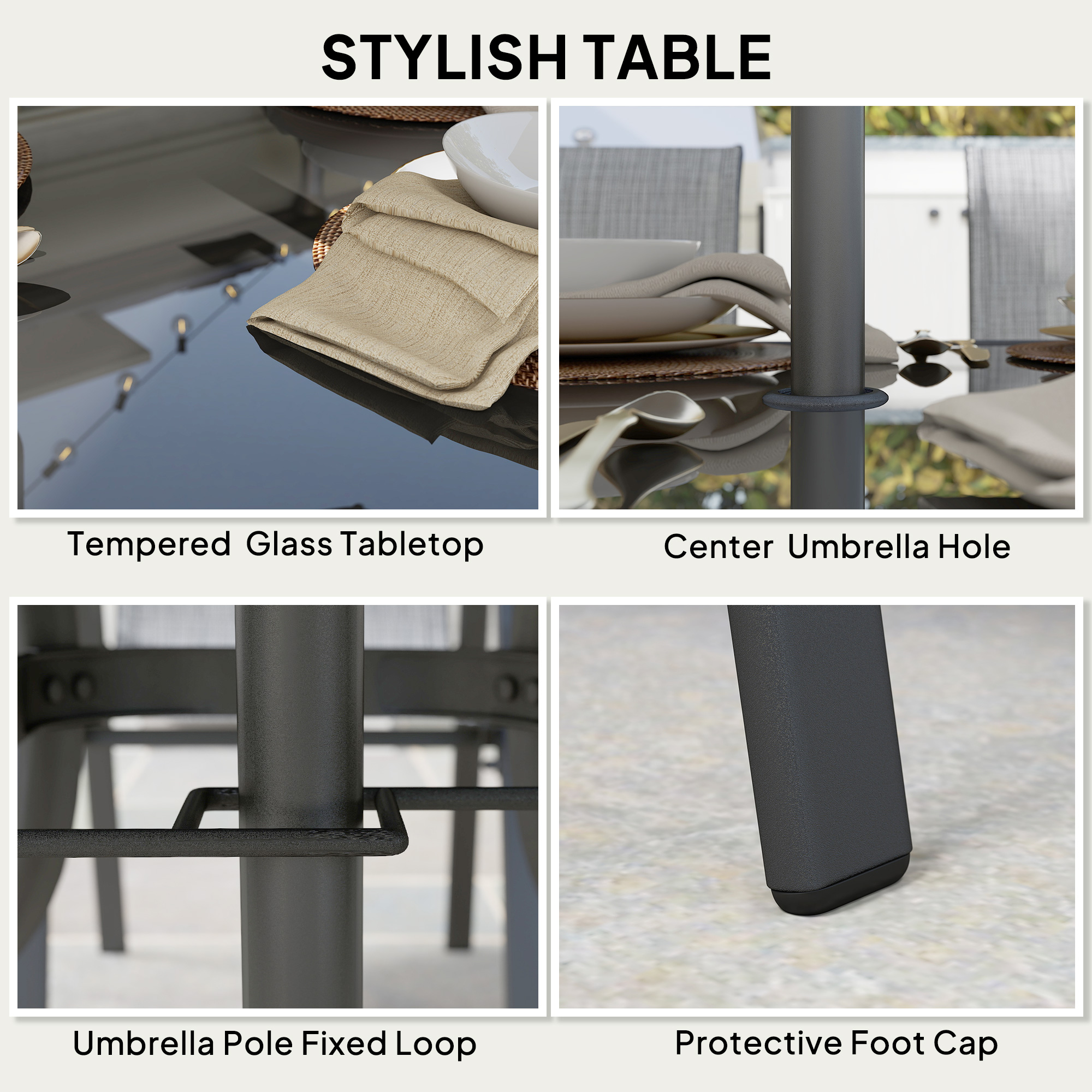  8 Pieces Patio Furniture Set with 9Ft Patio Umbrella, Outdoor Dining Table and Chairs, Mixed Gray