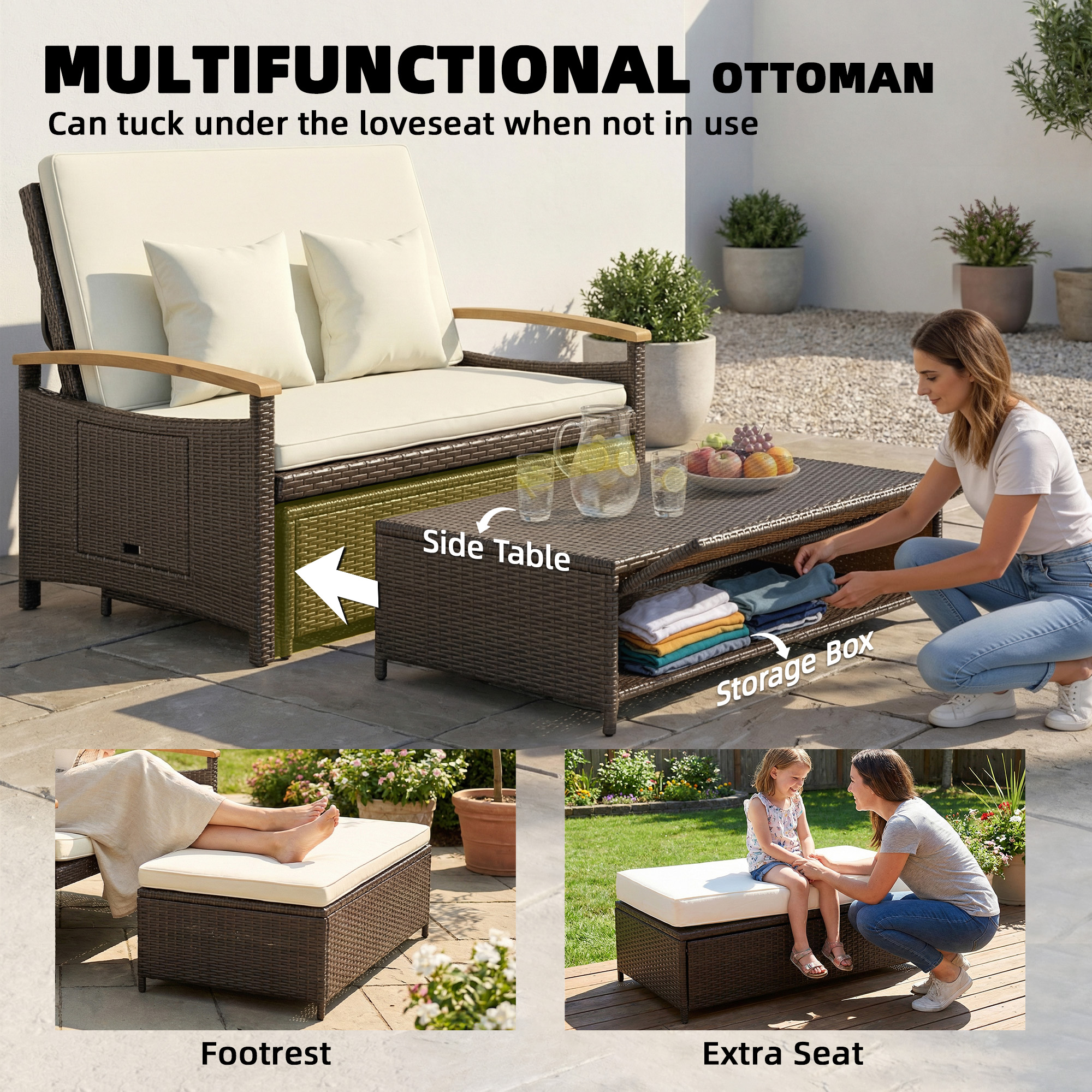  Rattan Outdoor Daybed w/4-Level Adjustable Backrest, Patio Sofa Bed w/Storage Ottoman, Acacia Wood Armrest, Beige