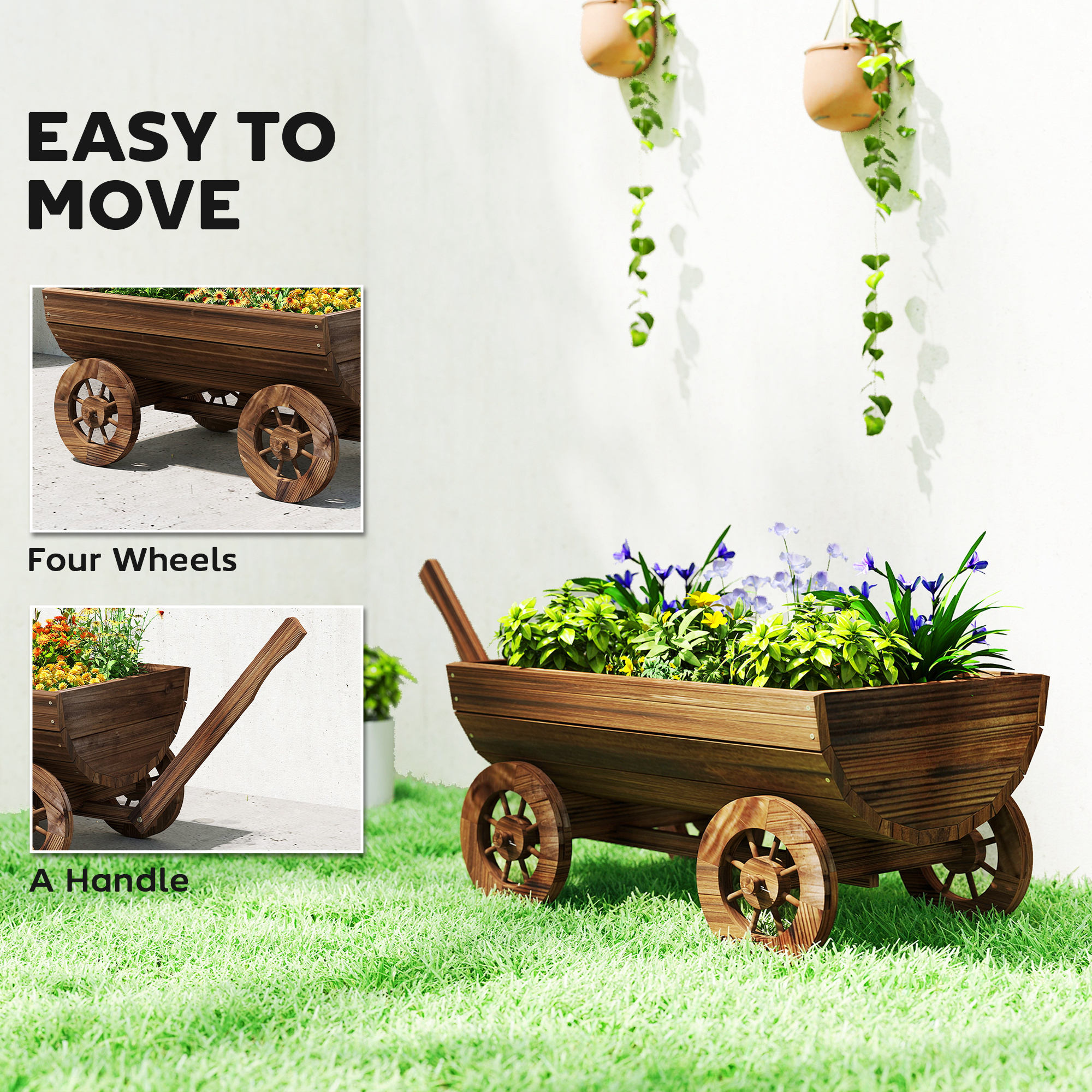  Wooden Wagon Planter Box, Mobile Garden Planter with 4 Wheels, Small Wheelbarrow Wagon Flower Cart with Drainage Hole