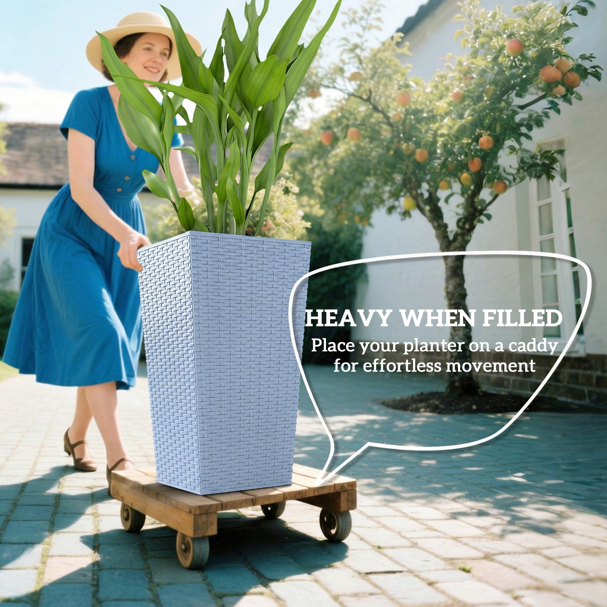  Tall Planters for Outdoor Plants Set of 3, 24 In Taper Planters with Drainage Holes, Rattan Decor Plant Pots, Light Gray