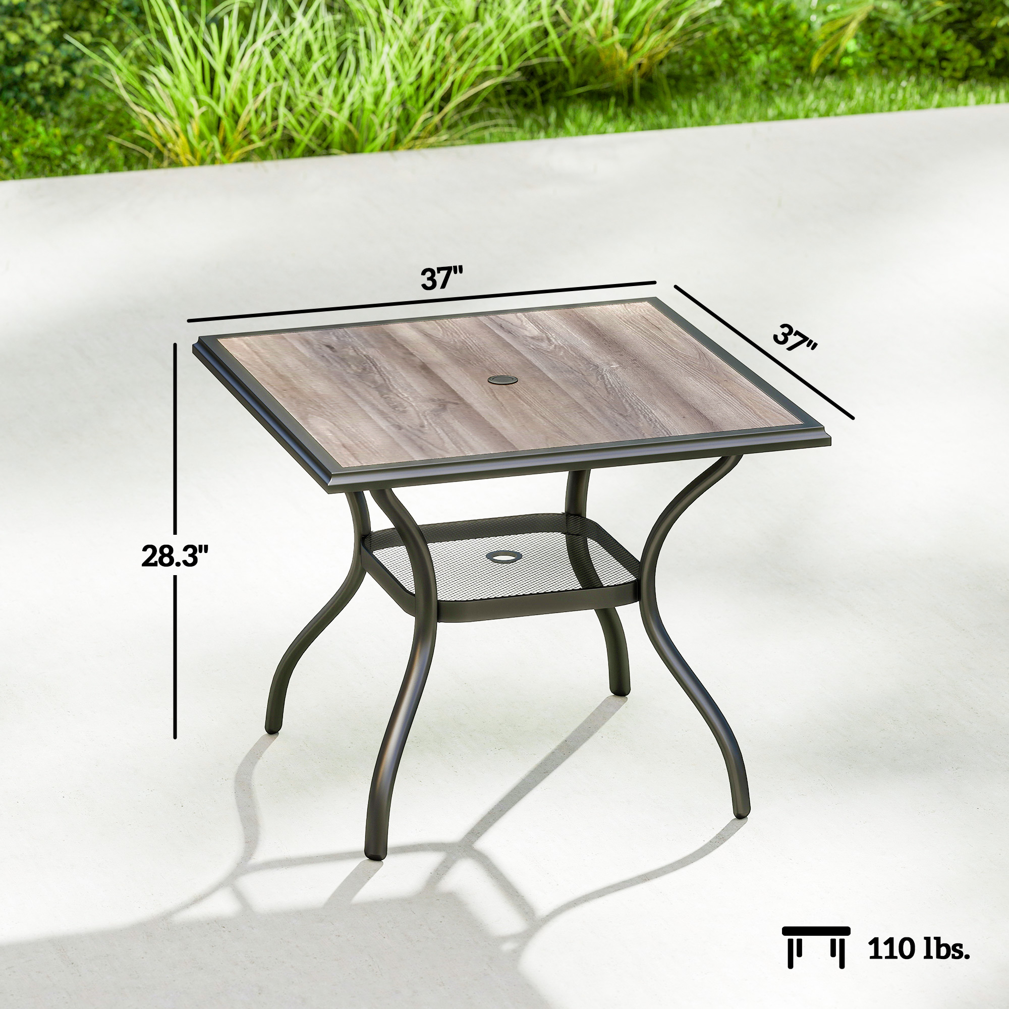  37" Square Outdoor Dining Table for 4, Patio Table with Umbrella Hole, Shelf, Faux Wood Top for Garden, Backyard, Gray