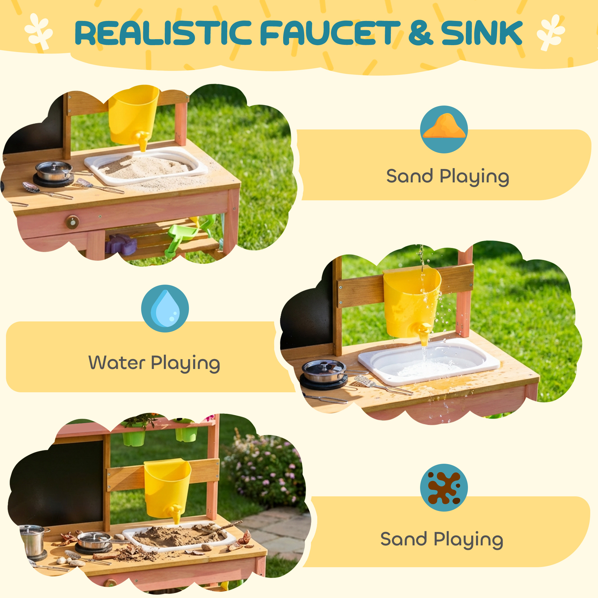 Kids Mud Kitchen with Canopy, Outdoor Wooden Play Kitchen with Planter Box, Accessories for Age 3-6, Pink