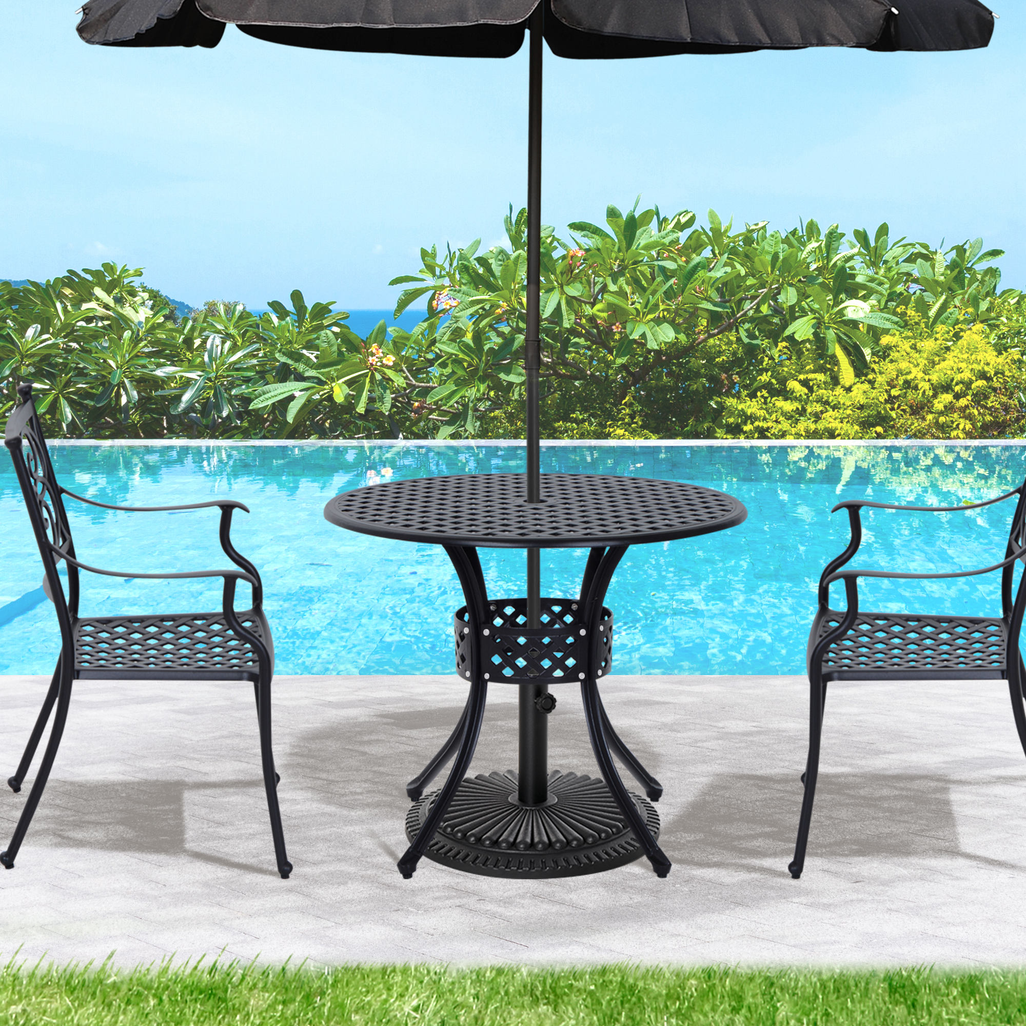  33" Patio Dining Table Round Cast Aluminium Outdoor Bistro Table with Umbrella Hole - Black