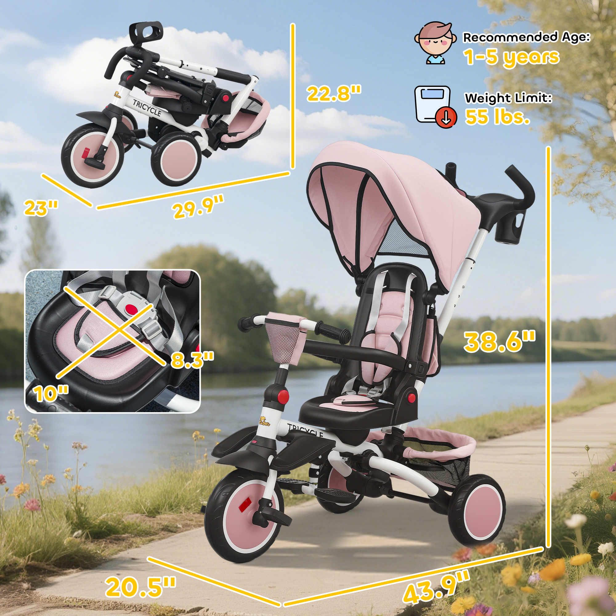 6 in 1 Kids Tricycle with Adjustable Push Handle, Removable Canopy, Reversible Seat, for 1-5 Years, Pink