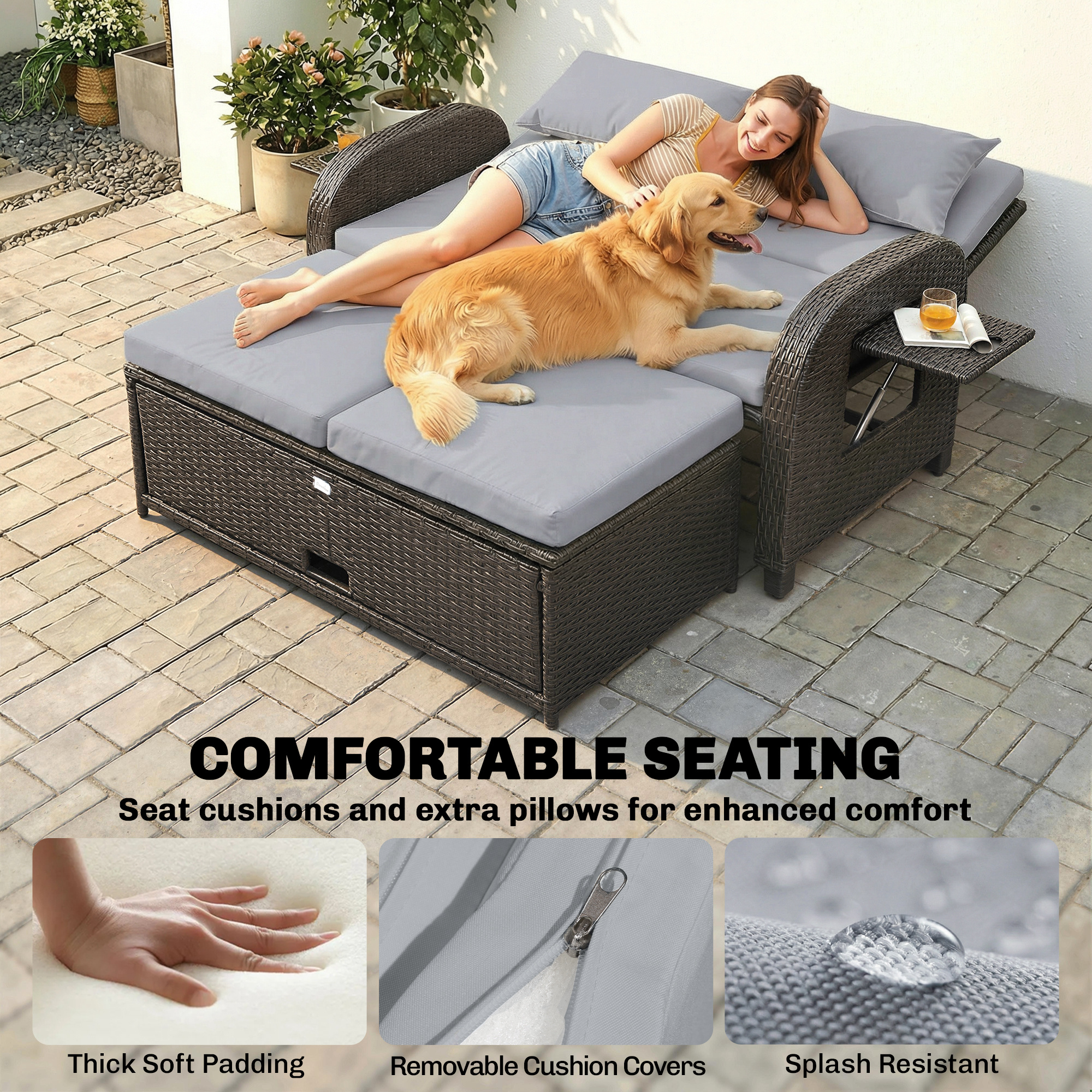  Patio Rattan Daybed, Wicker Outdoor Daybed with Storage Ottoman, Loveseat w/ Adjustable Backrest, Side Tables, Gray