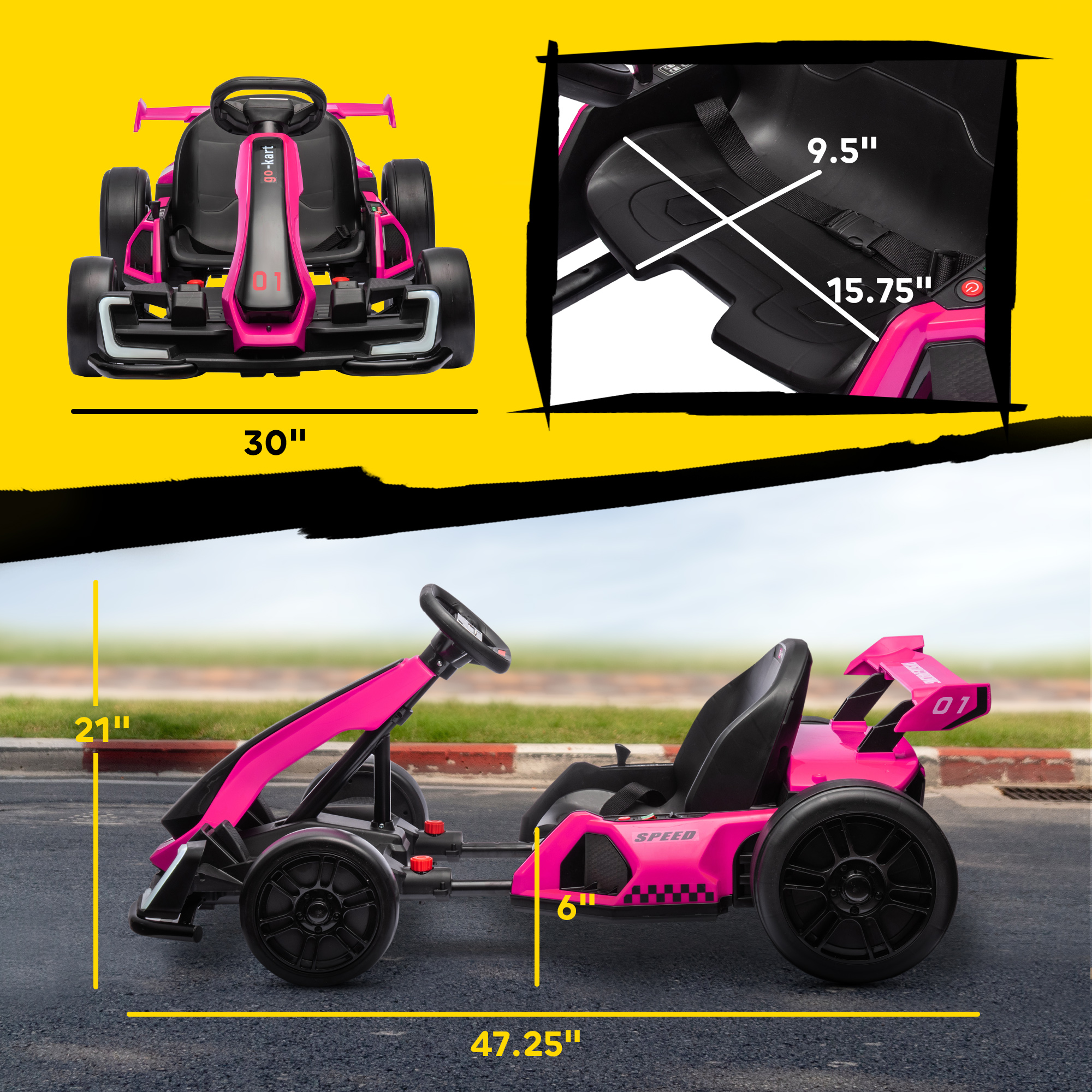 24V 7.5 MPH Electric Go Kart with Adjustable Seat, Slow Start, Pink