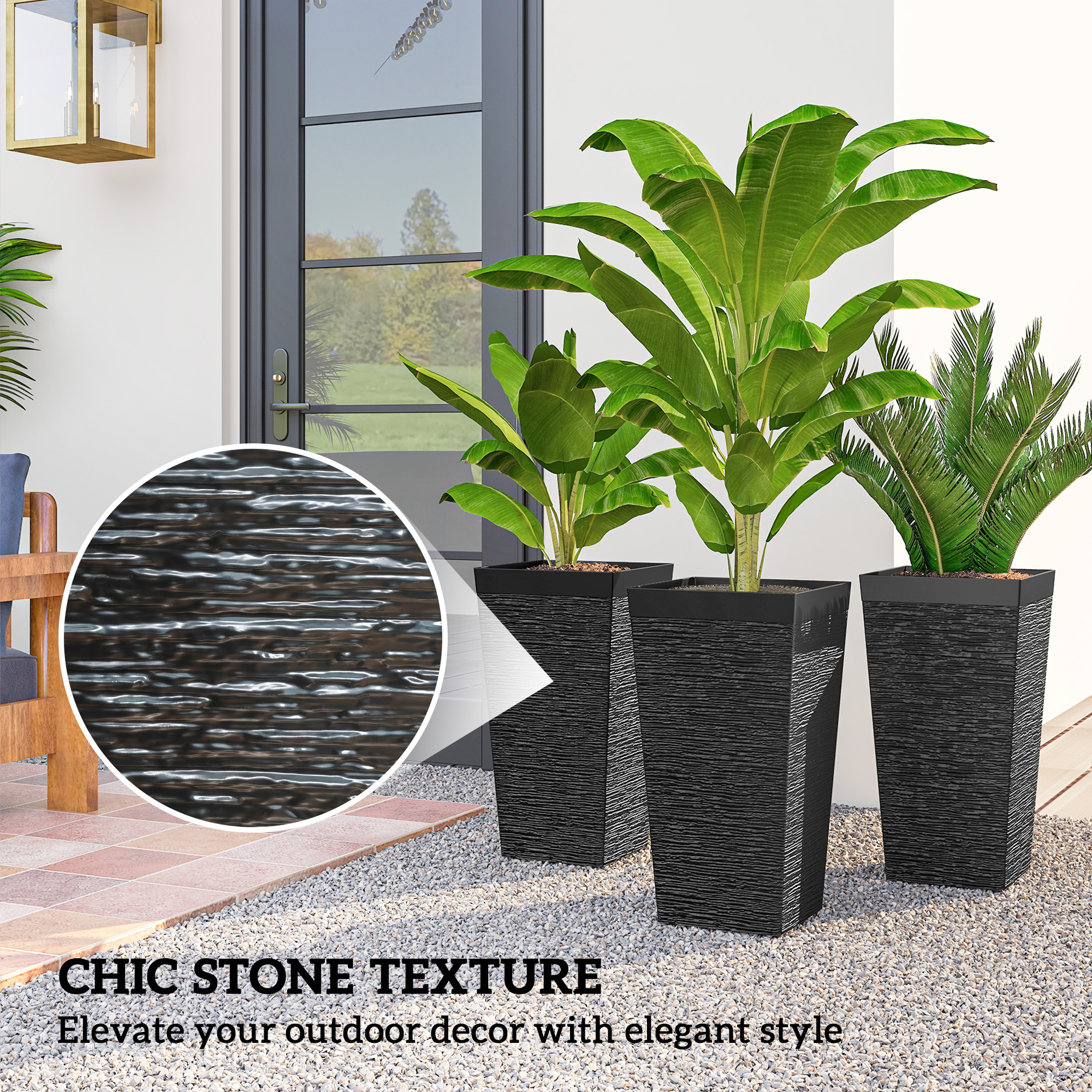  22.8 Inch Set of 3 Outdoor Planters with Stone Finish and Wheels, Stackable Tapered Planters with Drainage Hole, Black