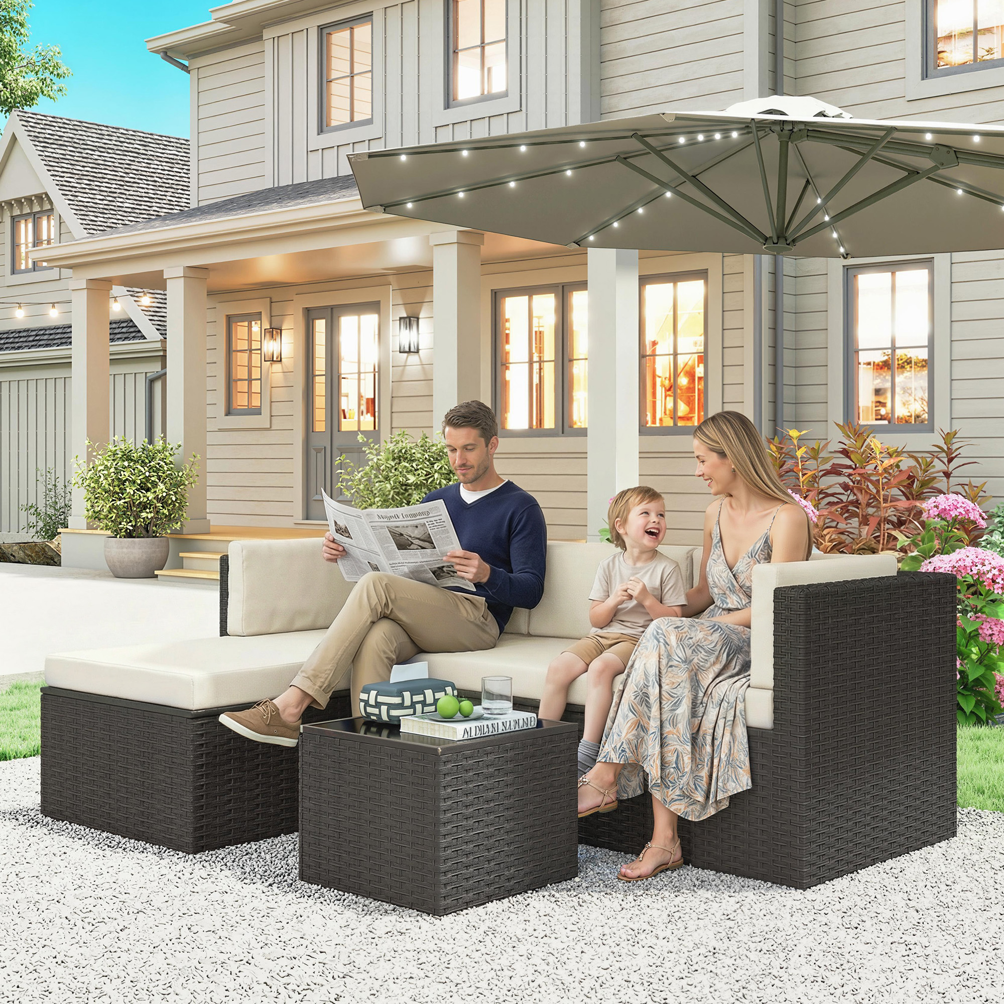  3 Piece Patio Furniture Set, Wicker Outdoor Patio Conversation Furniture Set with Cushions, Glass Top Table, Beige