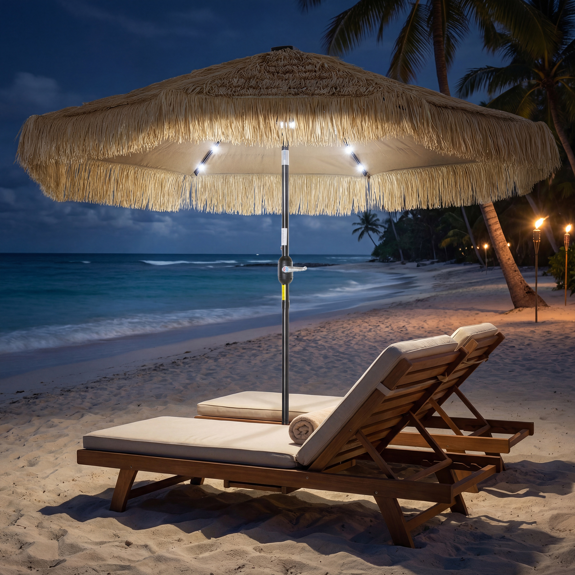  9 ft Hula Thatched Tiki Patio Umbrella with LED Solar Light, Outdoor Umbrella with Crank, Tilt, UPF30+, Khaki