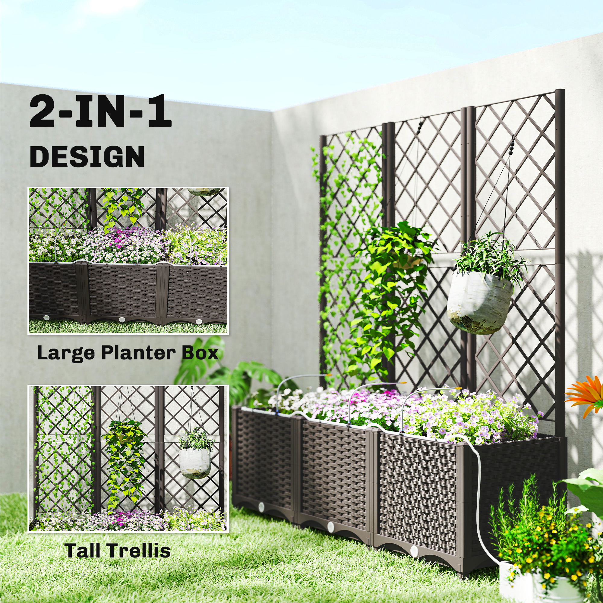 3PCS Plastic Planter Box with Trellis, Self-Watering Raised Garden Bed with Trellis and Automatic Watering Timer Kit
