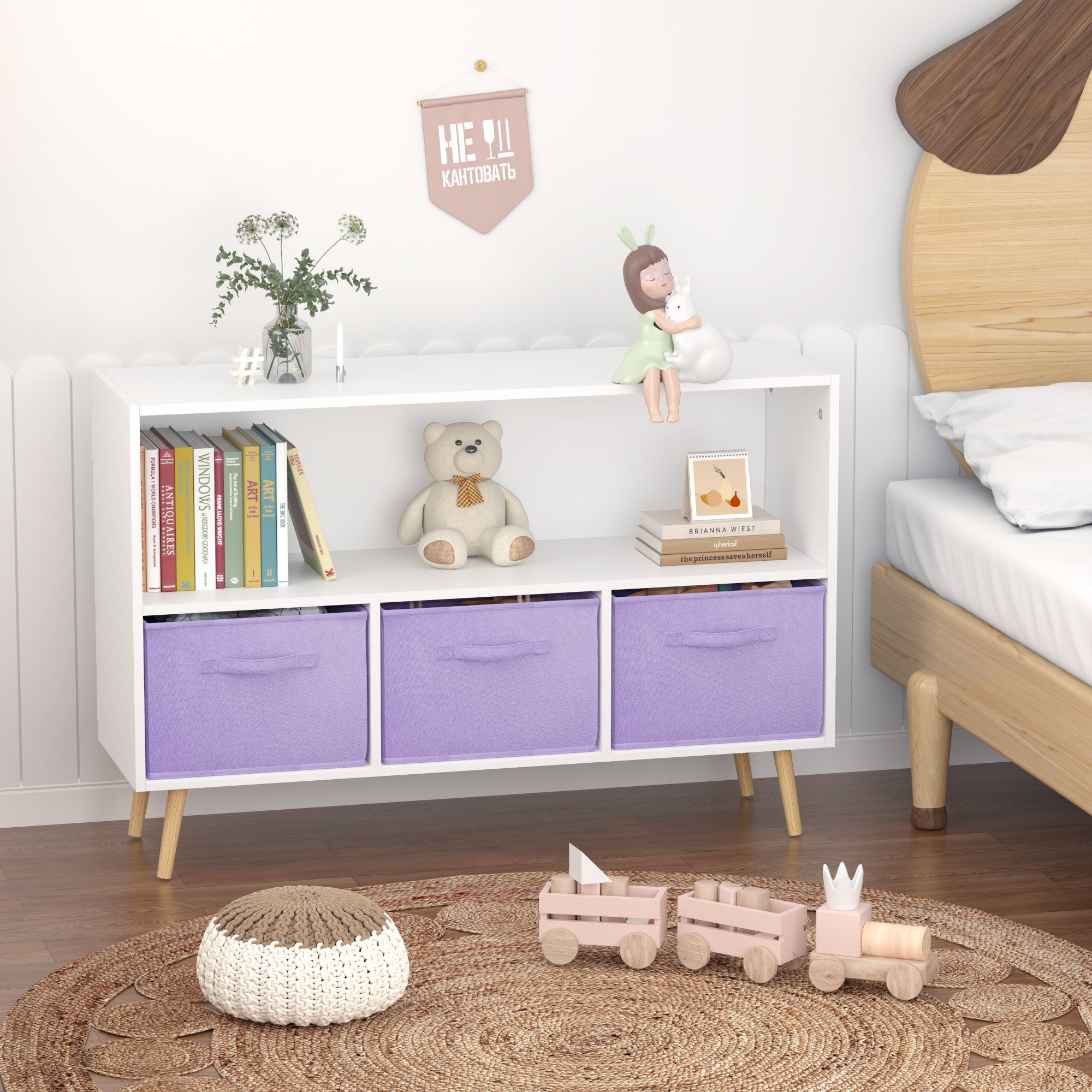Kids Bookcase With Collapsible Fabric Drawers, Children's Book Display, Toy Storage Cabinet Organizer, White Purple